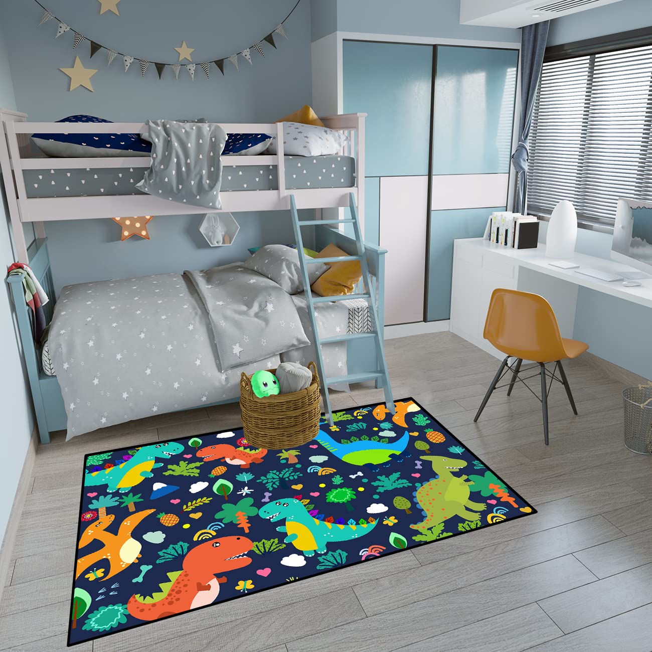 Dinosaur Area Rug for Kids - 3'×5' Blue Cartoon Dinosaur Rug with Leaves Print | Soft Playroom Rug for Boys Bedroom, Classroom & Nursery Decor | Perfect for Playtime, Learning & Dinosaur-Themed Rooms