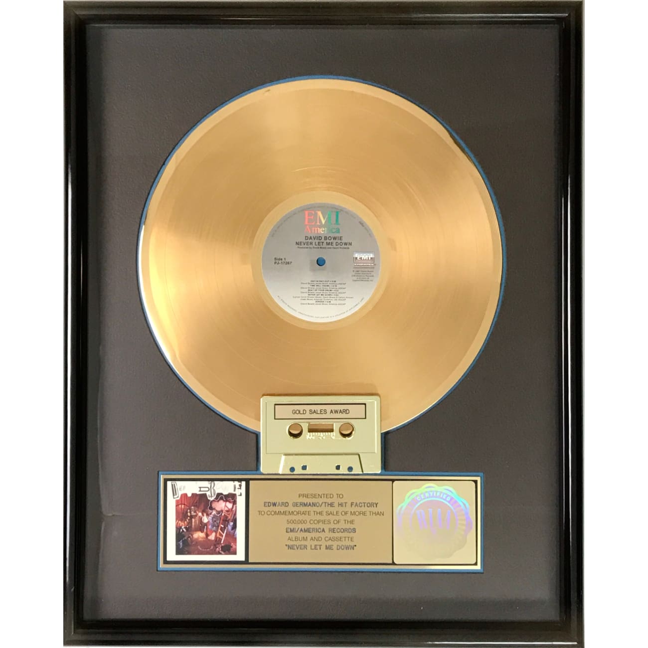 David Bowie Never Let Me Down RIAA Gold Album Award - Certified Collectible Music Memorabilia for Fans & Home Decor Display