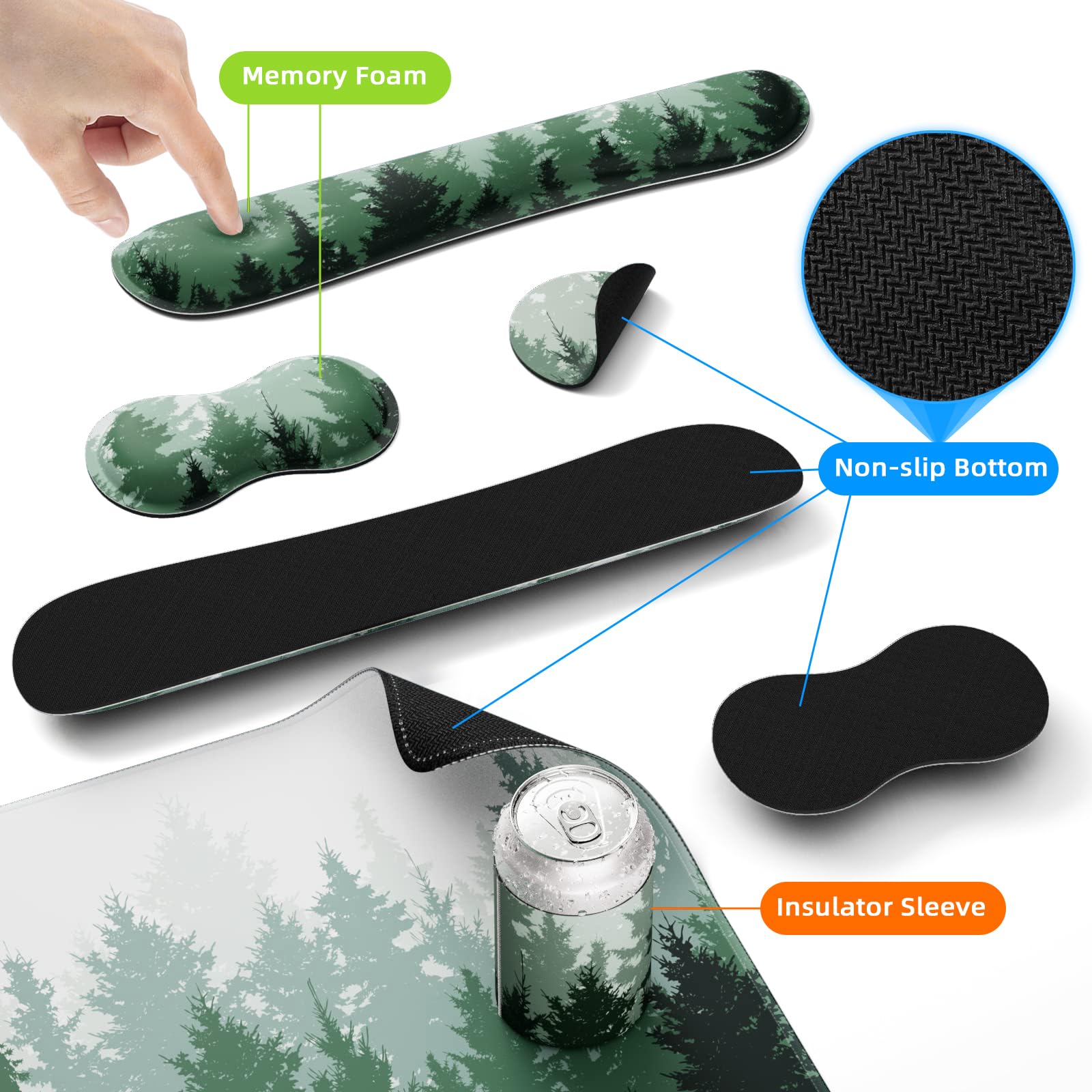 PULAIXIN 5-in-1 Ergonomic Gaming Keyboard and Mouse Pad Set with Wrist Support - Large 34.5x15.7 Inch Extended Desk Mat, Non-Slip Base - Green Forest Design for PC, Office & Gaming Setup