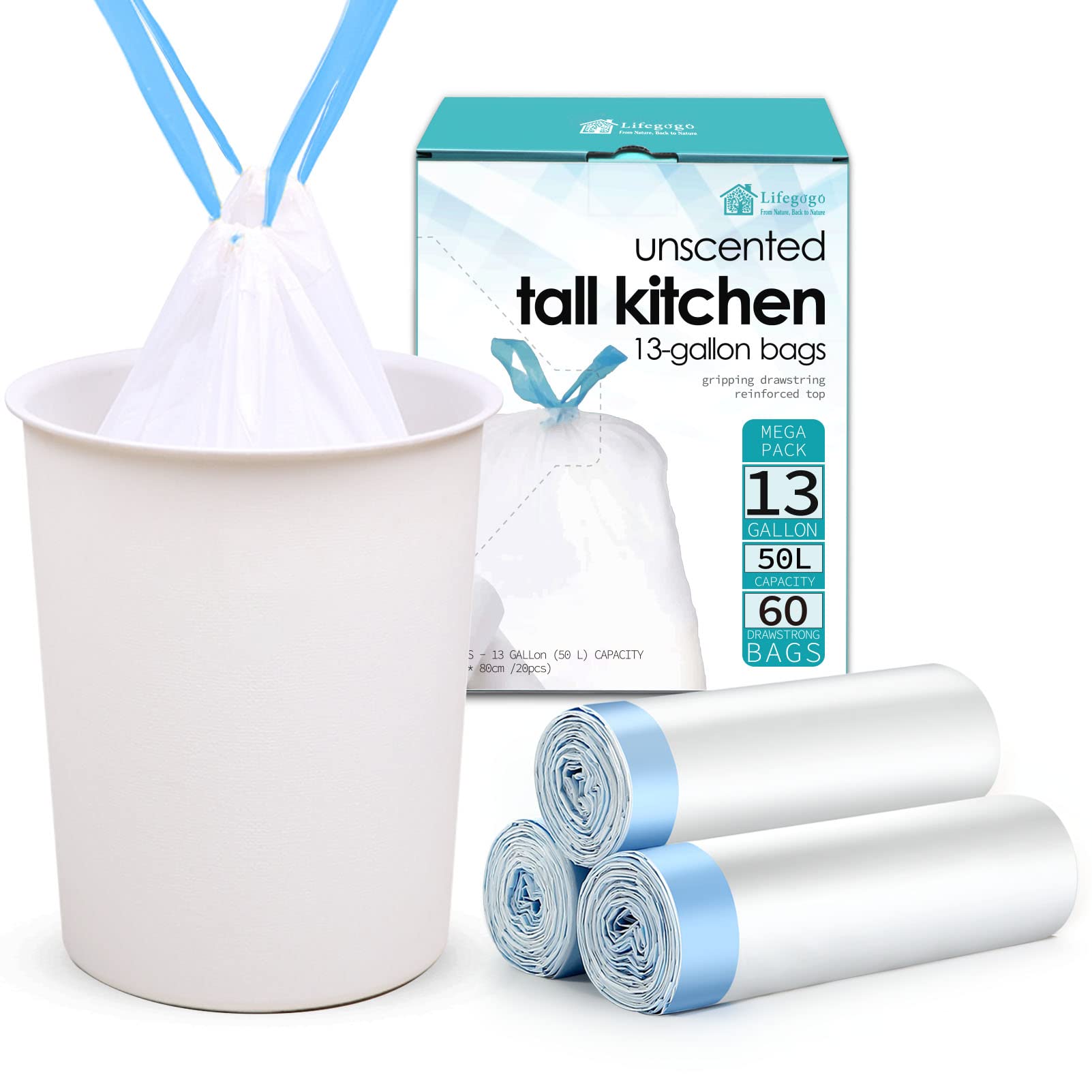 13 Gallon Tall Kitchen Drawstring Trash Bags - 60 Count Heavy Duty Leak Proof White Garbage Bags for Kitchen, Yard, Office & Outdoor Use | Unscented 50 Liter Trash Can Liners for Waste Disposal & Cleaning