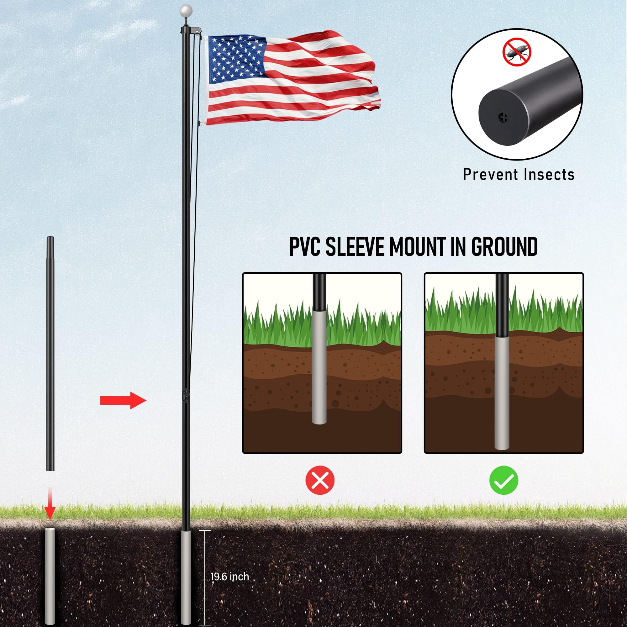 16FT Heavy Duty Aluminum Flag Pole Kit for Outside - 14 Gauge Thick Sectional In-Ground Flagpole with 3x5 American Flag, Perfect for Yard, Residential & Commercial Use | Outdoor Decoration, Patriotic Display, Home & Business Landscaping