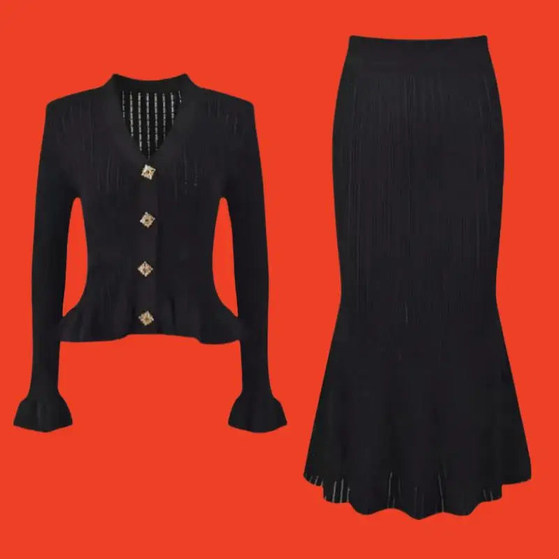 Vintage Women's Long Sleeve Ruffled Cardigan & High Waist Wrap Fishtail Skirt 2-Piece Set - Autumn Winter Knit Sweater Outfit for Casual Wear, Office, Date Night