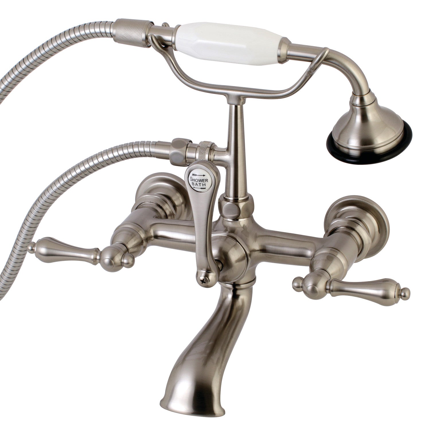Vintage Style Aqua AE551T8 3-Handle Wall Mount Clawfoot Bathtub Faucet with Hand Shower in Brushed Nickel - Perfect for Classic Bathroom Renovations & Spa-Like Showers