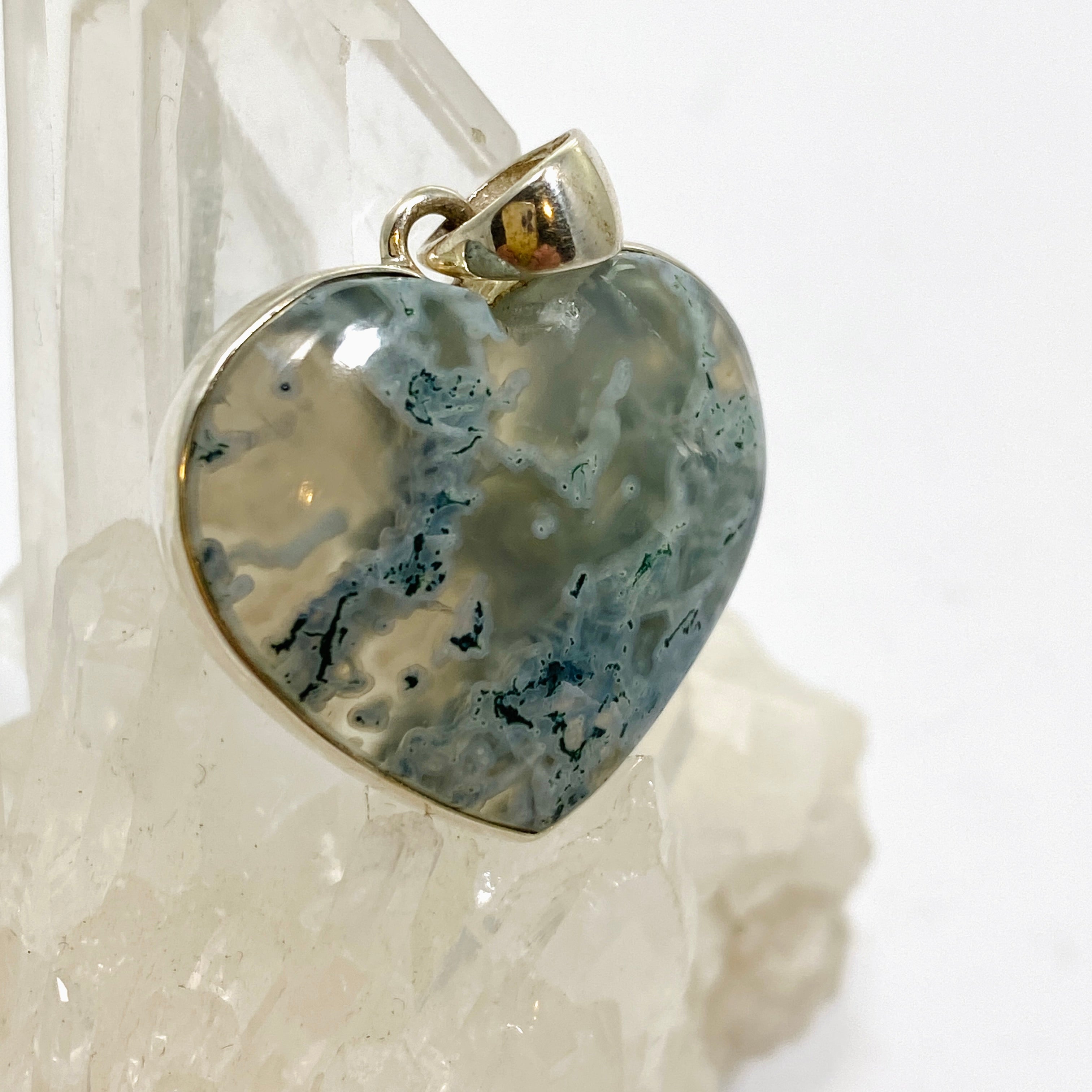 Natural Moss Agate Heart Cabochon Pendant - 925 Sterling Silver Jewelry for Women - Perfect for Valentine's Day Gifts, Spiritual Healing & Boho Fashion Accessories