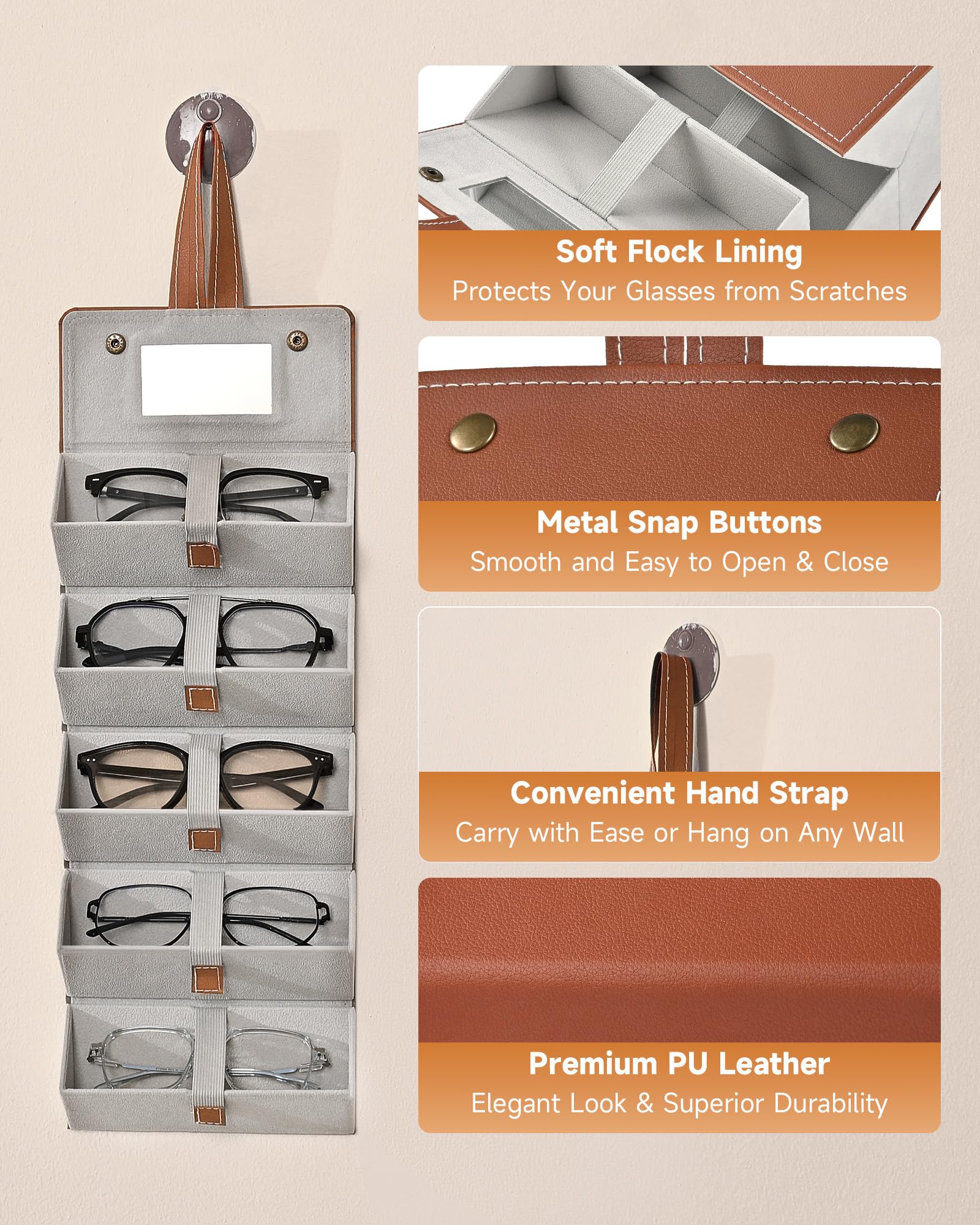 CO-Z Foldable Sunglasses Case - 5 Slots with Mirror for Travel & Home Storage