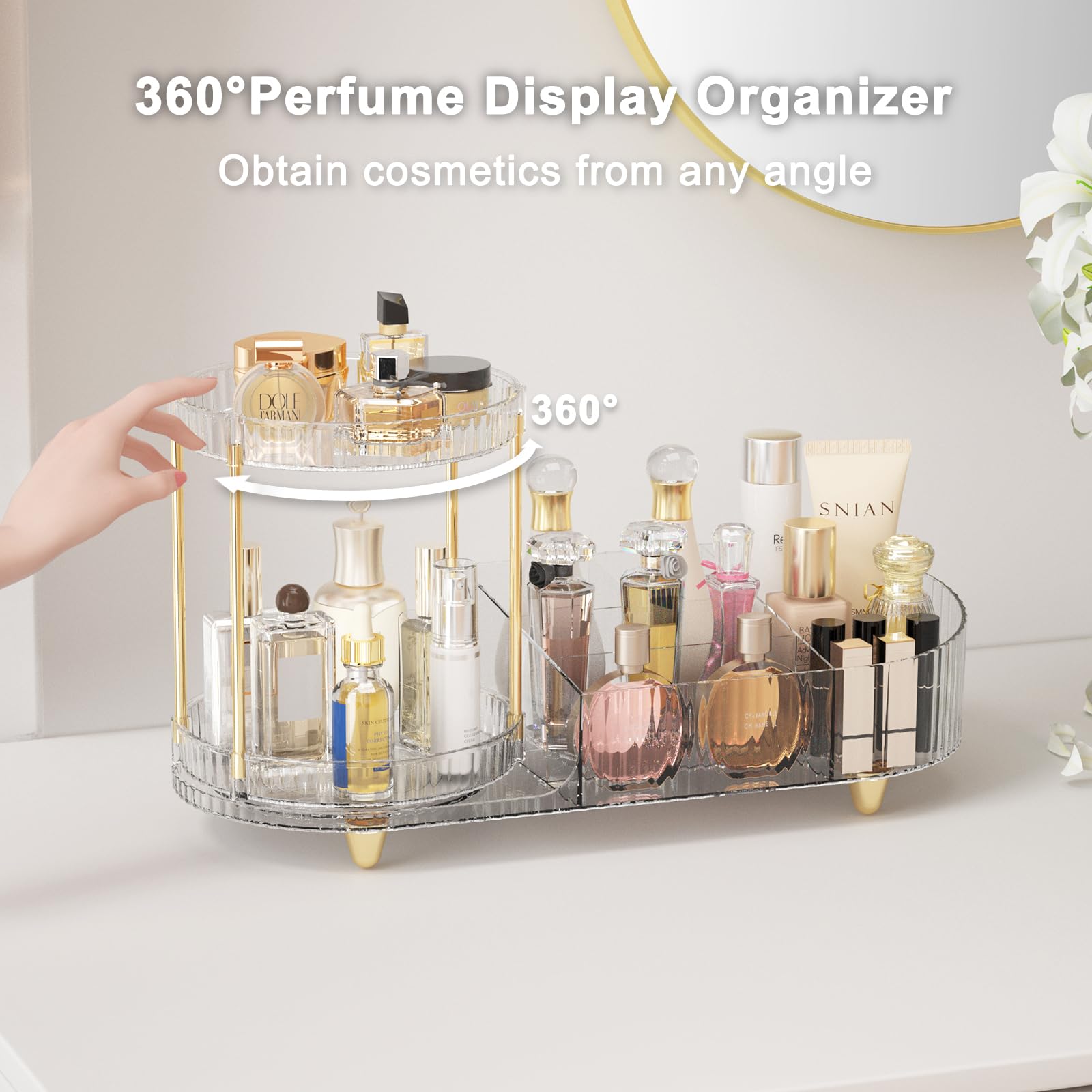 Rotating Makeup Organizer for Vanity - 2-in-1 Cosmetic & Skincare Storage with Perfume Tray | Perfect for Bathroom Counter, Dresser, or Desk Organization (Makeup Display Case & Holder)