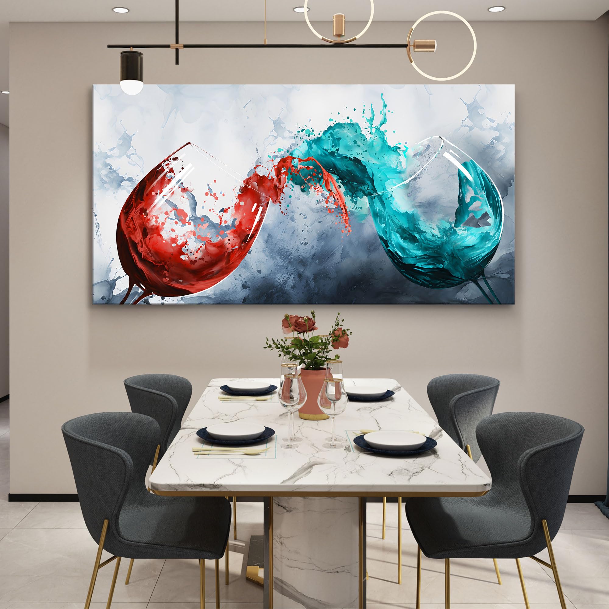 Modern Wine Glass Canvas Wall Art - Blue & Red Wine Cups Painting for Dining Room, Kitchen & Office Decor - 30x60 Inch Contemporary Wall Art - Perfect for Home, Restaurant & Bar Decorations