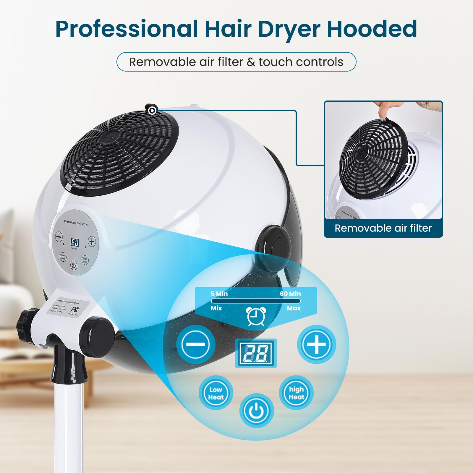 Professional Hooded Hair Dryer on Wheels - Adjustable Standing & Sit Under Hair Dryer for Salon & Home Use (Black/White) | Fast Drying for Curly, Permed & Natural Hair Styles