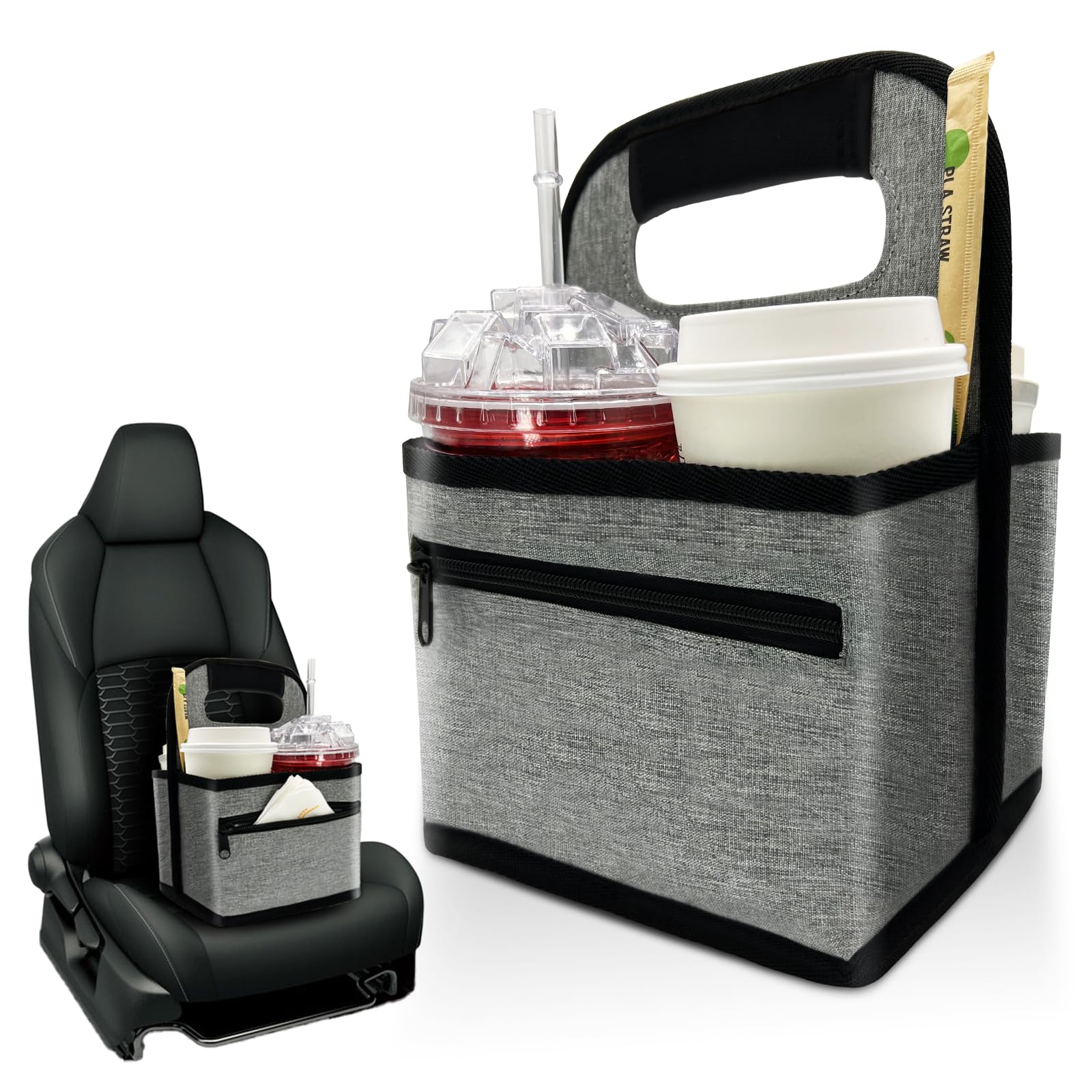 **Neoprene Reusable Coffee Cup Holder - Insulated Tote Bag for Hot & Cold Beverages with 2 Organizer Pockets | Perfect for Coffee Lovers, Takeout, Delivery & Commuting (Gray)**