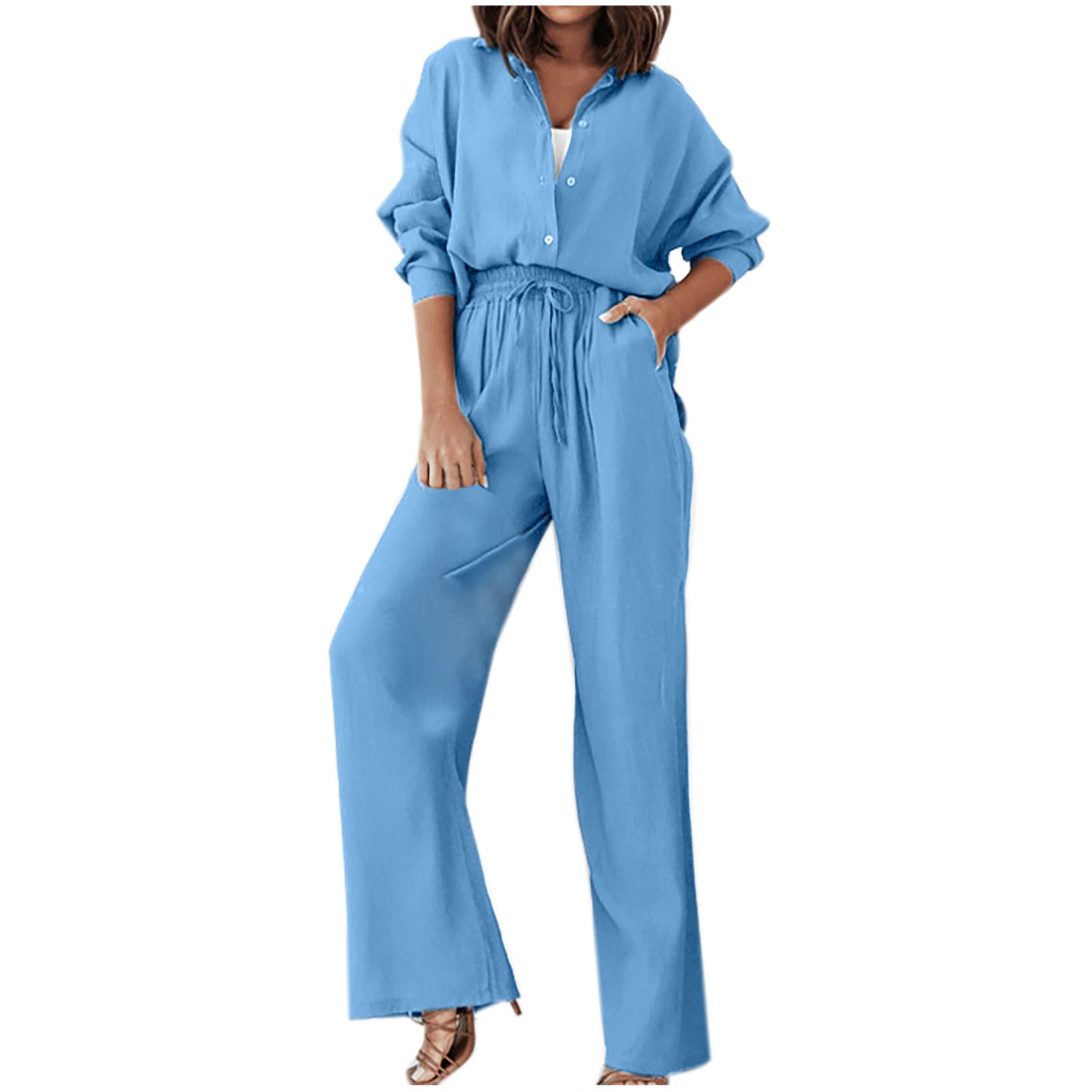 Yihaojia Women's 2-Piece Casual Outfit Set - Long Sleeve Button-Down Shirt & Lounge Pants with Pockets | Comfortable Tracksuit for Home, Office & Travel