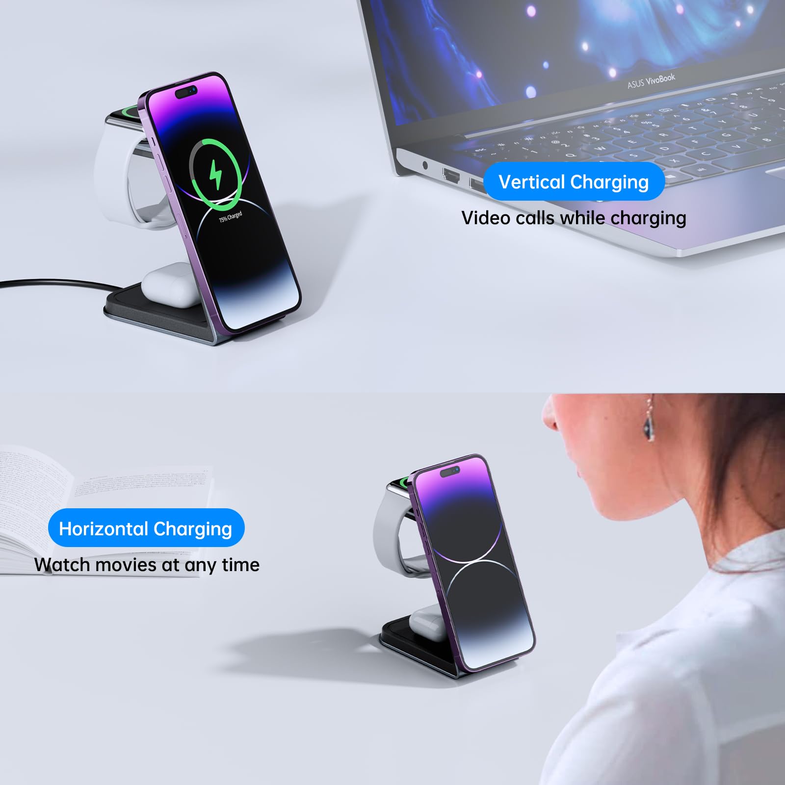 3-in-1 Magnetic Wireless Charging Station for iPhone 15/14/13/12, Apple Watch S2-S9 & AirPods 3/2/Pro - Fast Qi-Certified Charger with Strong Magnets (Space Gray) | Perfect for Bedside, Office Desk & Travel Charging