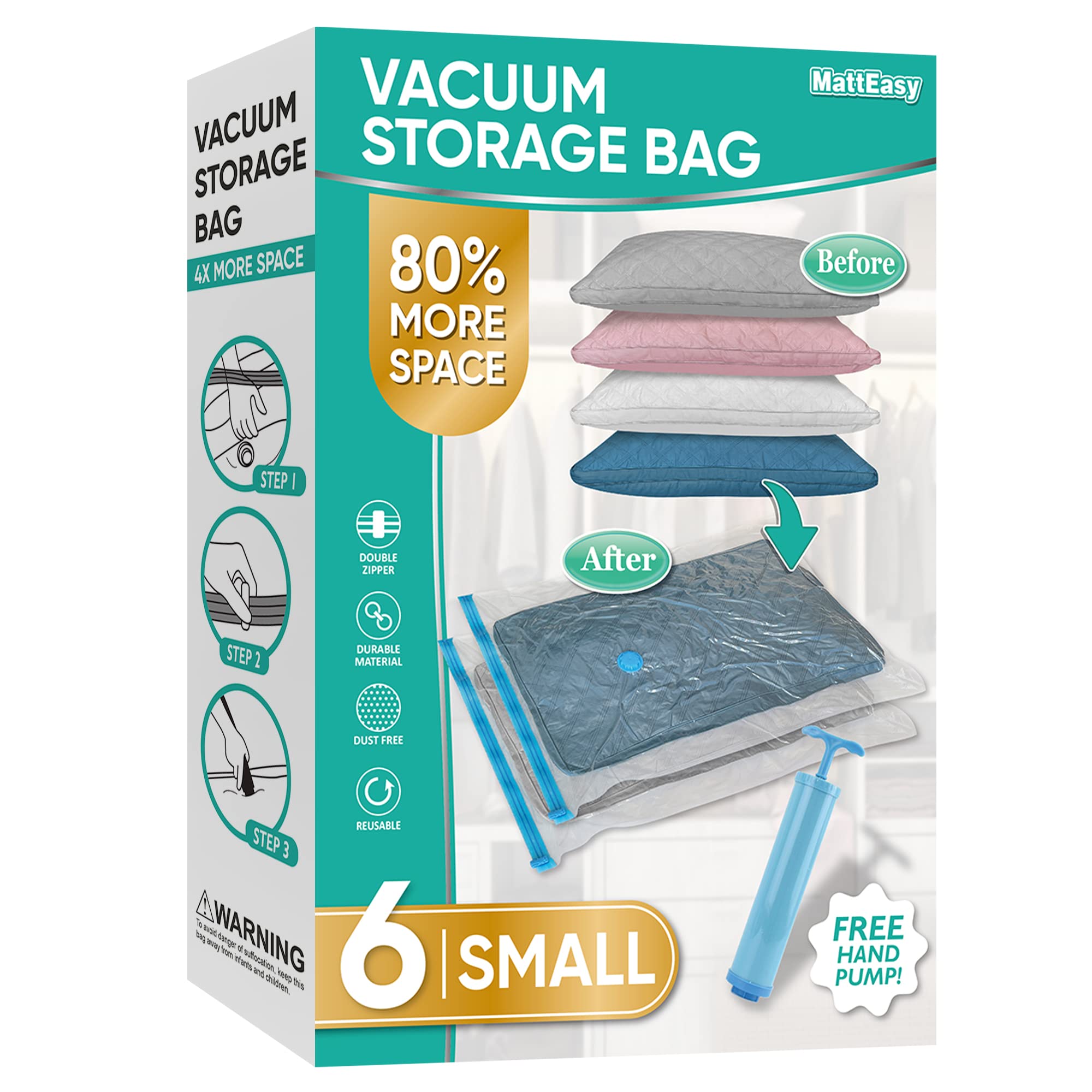 MattEasy 6 Pack Vacuum Storage Bags with Hand Pump - Space Saving Compression Bags for Clothes, Comforters, Blankets & Bedding | Perfect for Seasonal Storage, Travel & Small Spaces (6 Small Bags)