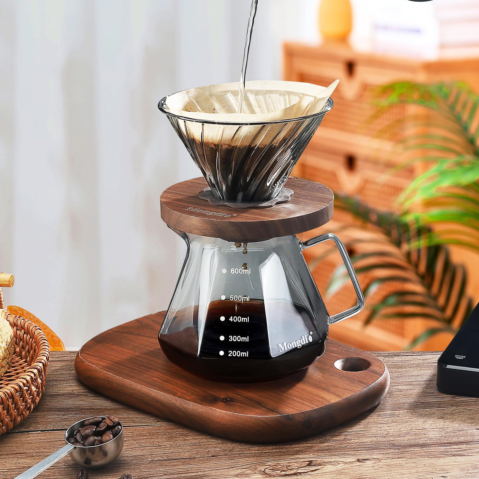Premium Pour Over Coffee Maker Set - 20oz Borosilicate Glass Dripper with Walnut Handle & Glass Lid, Includes 100pcs V60 Paper Filters (600ml, Gray) - Perfect for Home Brewing, Café & Restaurant Use