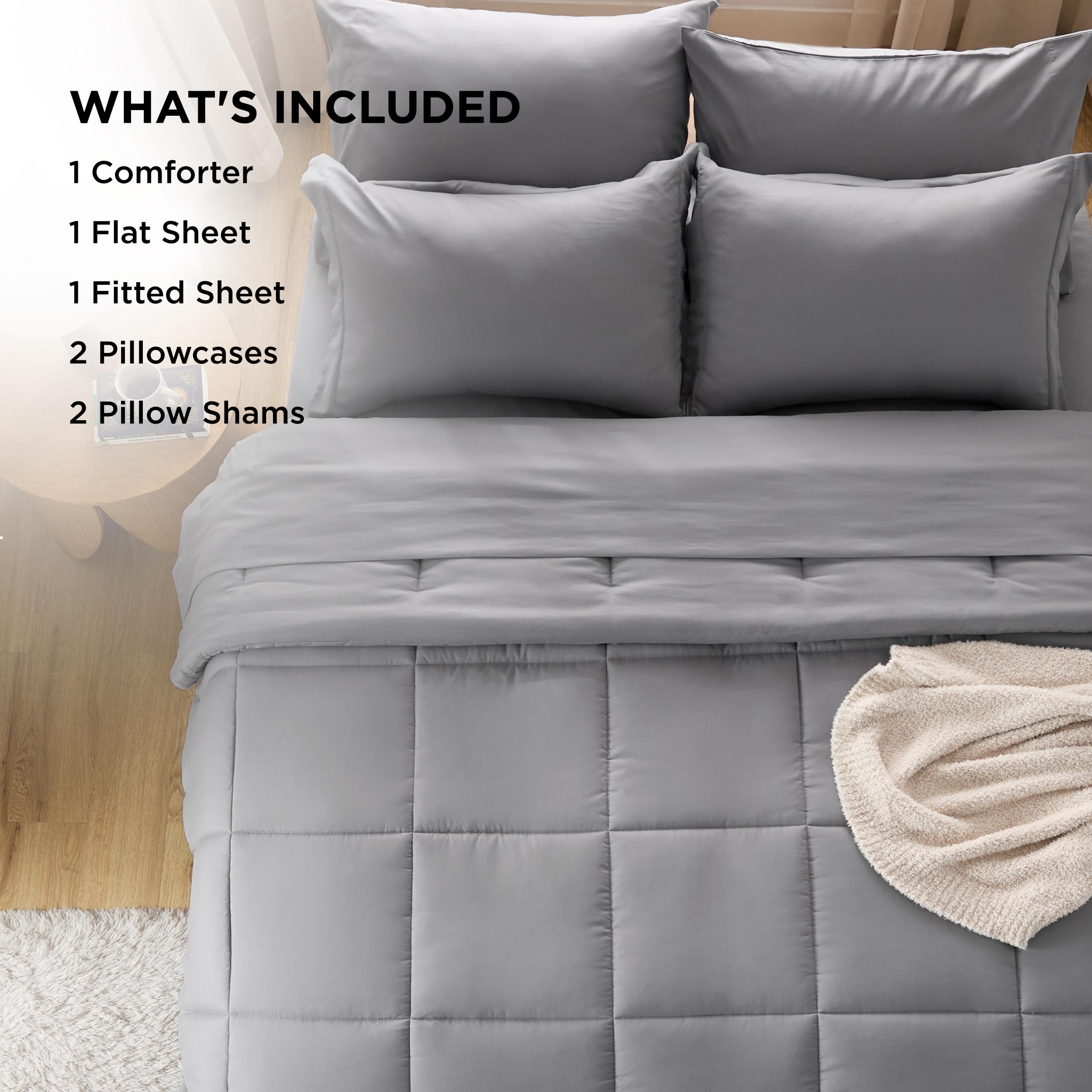Bedsure Grey 7-Piece Full Comforter Set - Soft Solid Bed in a Bag Includes Comforter, Sheets, Pillowcases & Shams | Perfect for Cozy Bedroom, Guest Room & Dorm Essentials