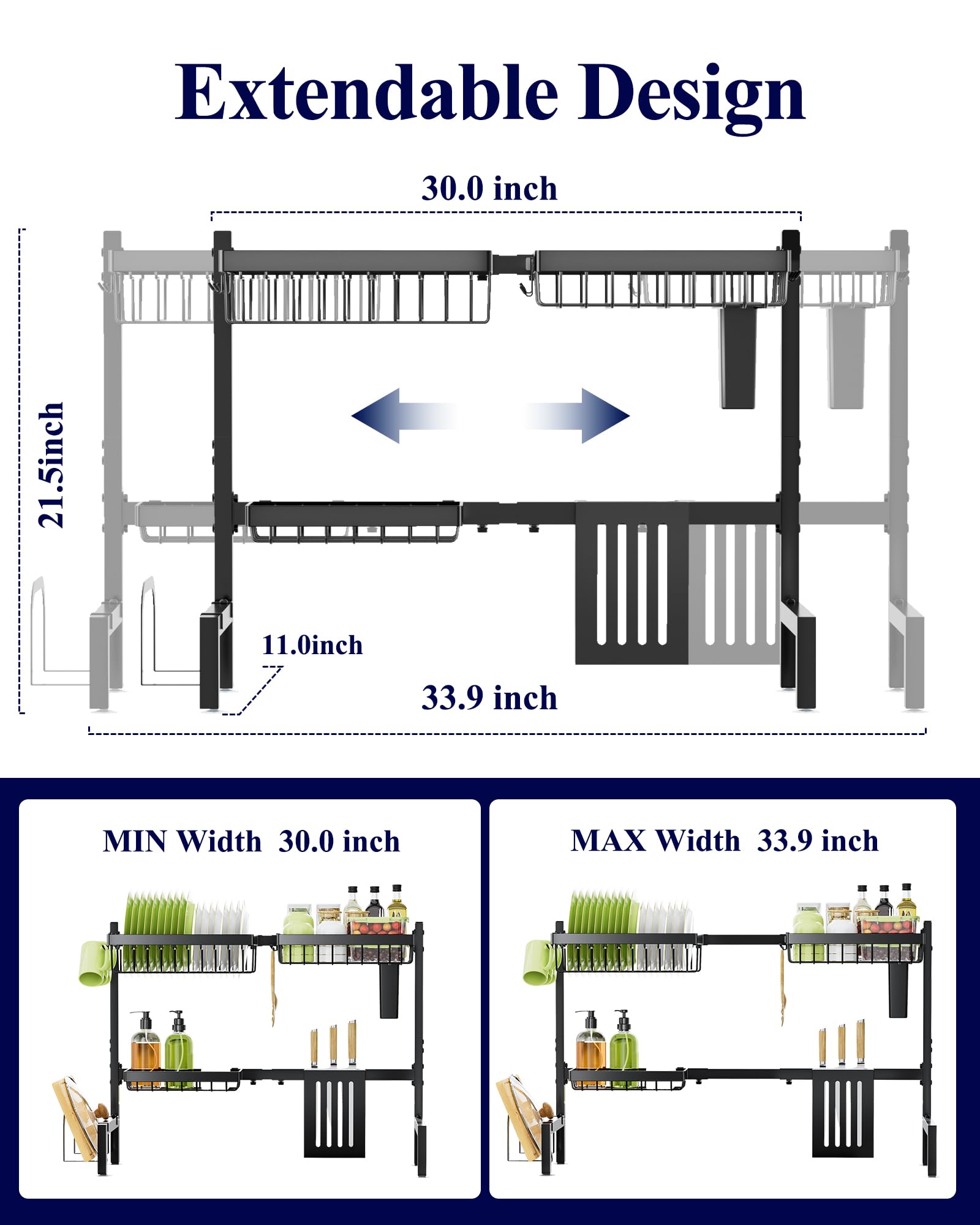 Kitsure Adjustable Over The Sink Dish Drying Rack - 30 to 33.9 Inches, 2-Tier Kitchen Sink Organizer with Large Capacity & Multifunctional Baskets, Perfect for Small Spaces & Dish Drying - Black