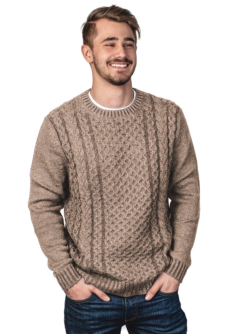 Inca Fashions 100% Cotton Cable Knit Crew Neck Two-Tone Pullover Sweater - Cozy Winter Wear for Women & Men, Perfect for Casual Outfits & Cold Weather Layering