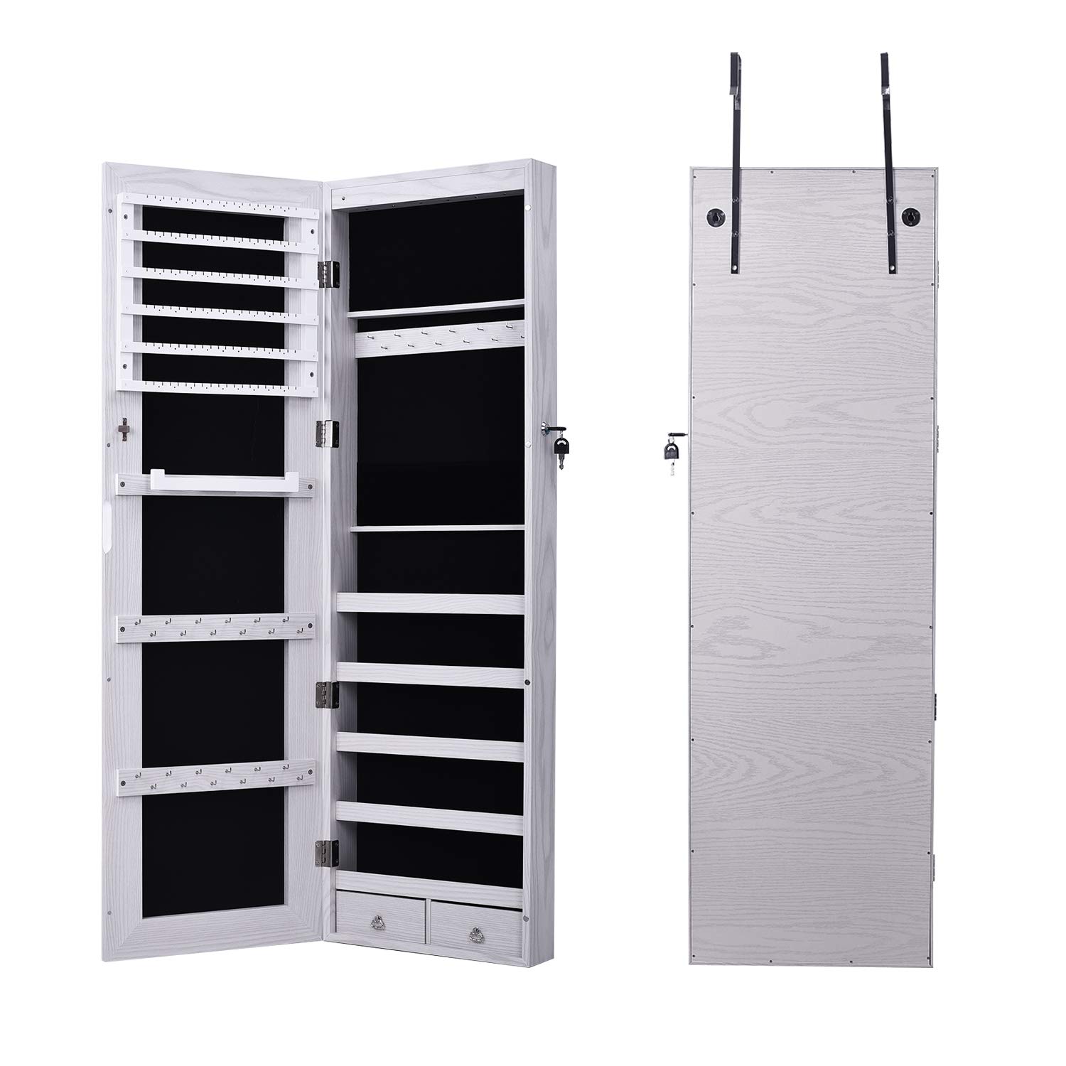 Soges Jewelry Armoire with Full-Length Mirror & LED Lights - Lockable Wall-Mounted Jewelry Cabinet Organizer with 2 Drawers, White - Perfect for Bedroom Closet, Dressing Room & Vanity Organization