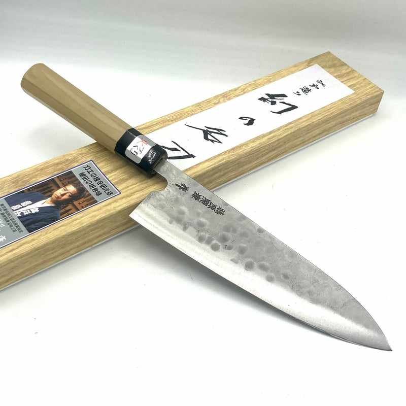 Teruyasu Fujiwara Maboroshi 195mm Gyuto Japanese Chef Knife - Stainless Clad White #1 Steel, Tsuchime Hammered Finish, Octagonal Ho Wood & Buffalo Horn Wa Handle - Perfect for Sushi, Meat Slicing & Professional Kitchen Use