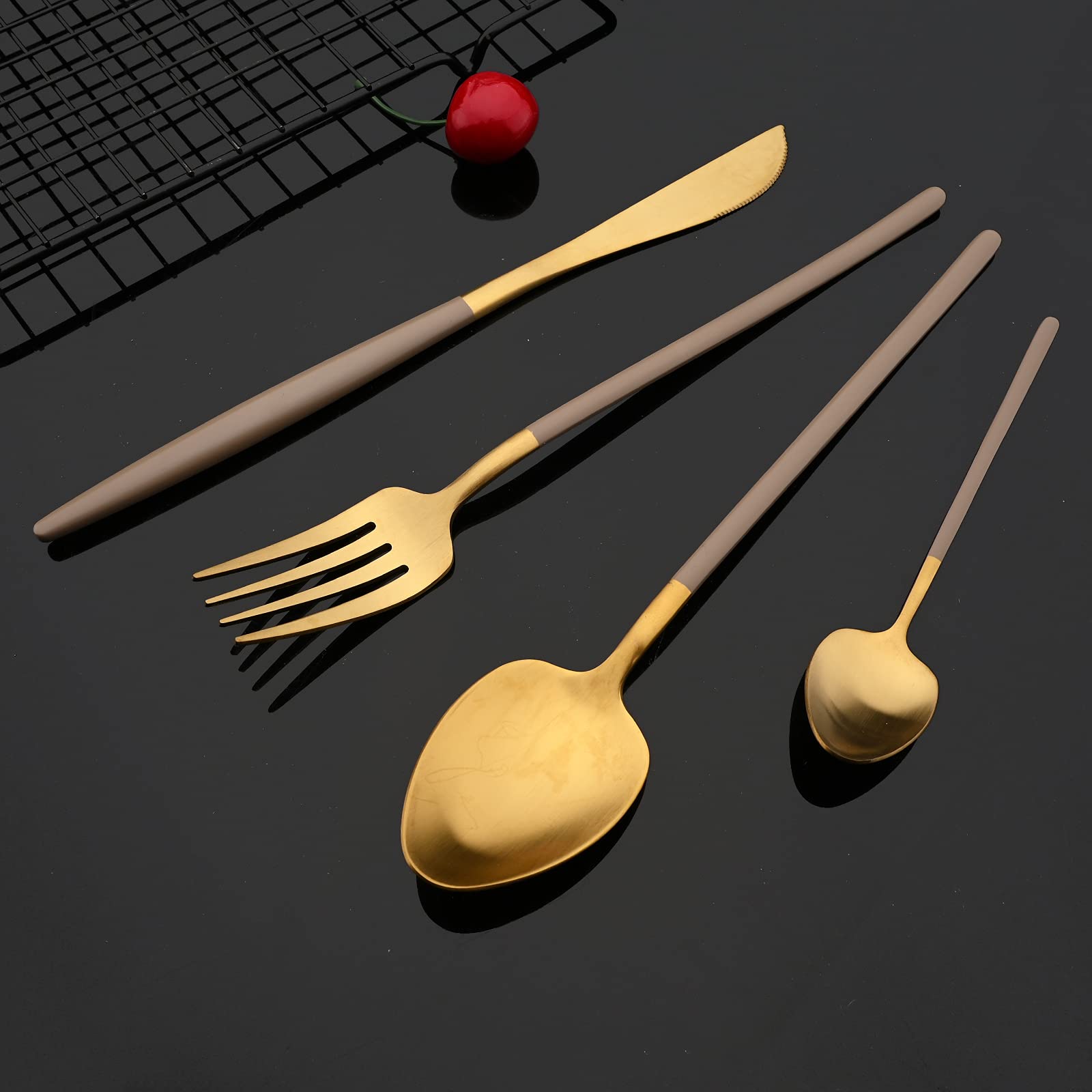 JASHII 24-Piece Matte Brown and Gold Flatware Set for 6 - Stainless Steel Cutlery with Knives, Forks, Spoons & Teaspoons | Dishwasher Safe & Durable | Perfect for Dining, Entertaining & Everyday Use