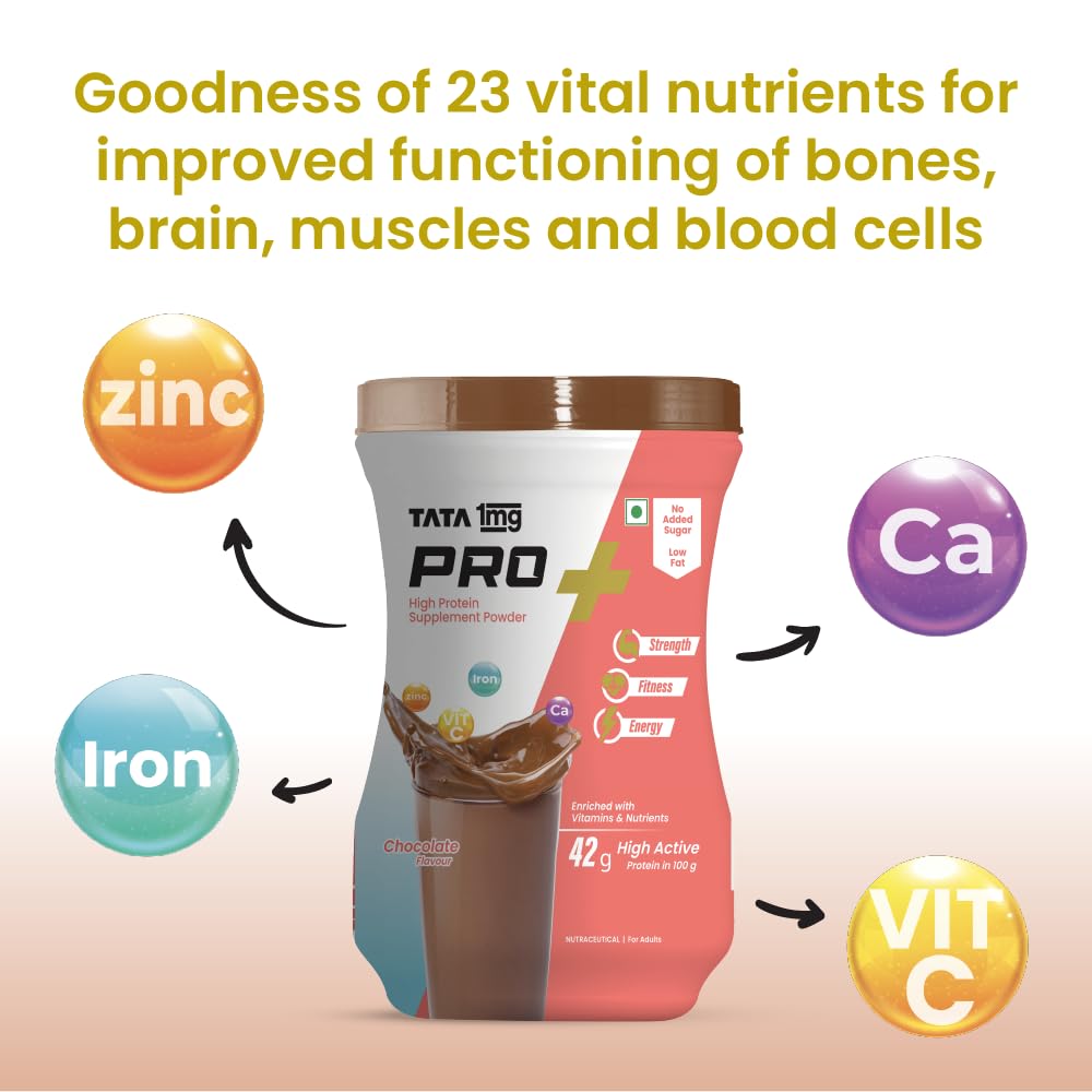 Tata 1mg Pro+ Soy Protein Powder - High Protein Supplement for Muscle Growth, Bone Strength & Energy | 23 Essential Nutrients, Low Fat, No Added Sugar, Chocolate Flavor | Ideal for Post-Workout Recovery & Healthy Lifestyle