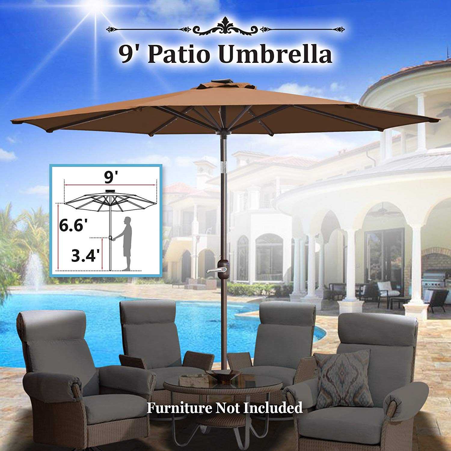 BenefitUSA U021-A-270 9ft 8-Rib 40-LED Outdoor Patio Umbrella with Crank & Tilt - Brown Sun Shade for Garden, Poolside, and Backyard Relaxation