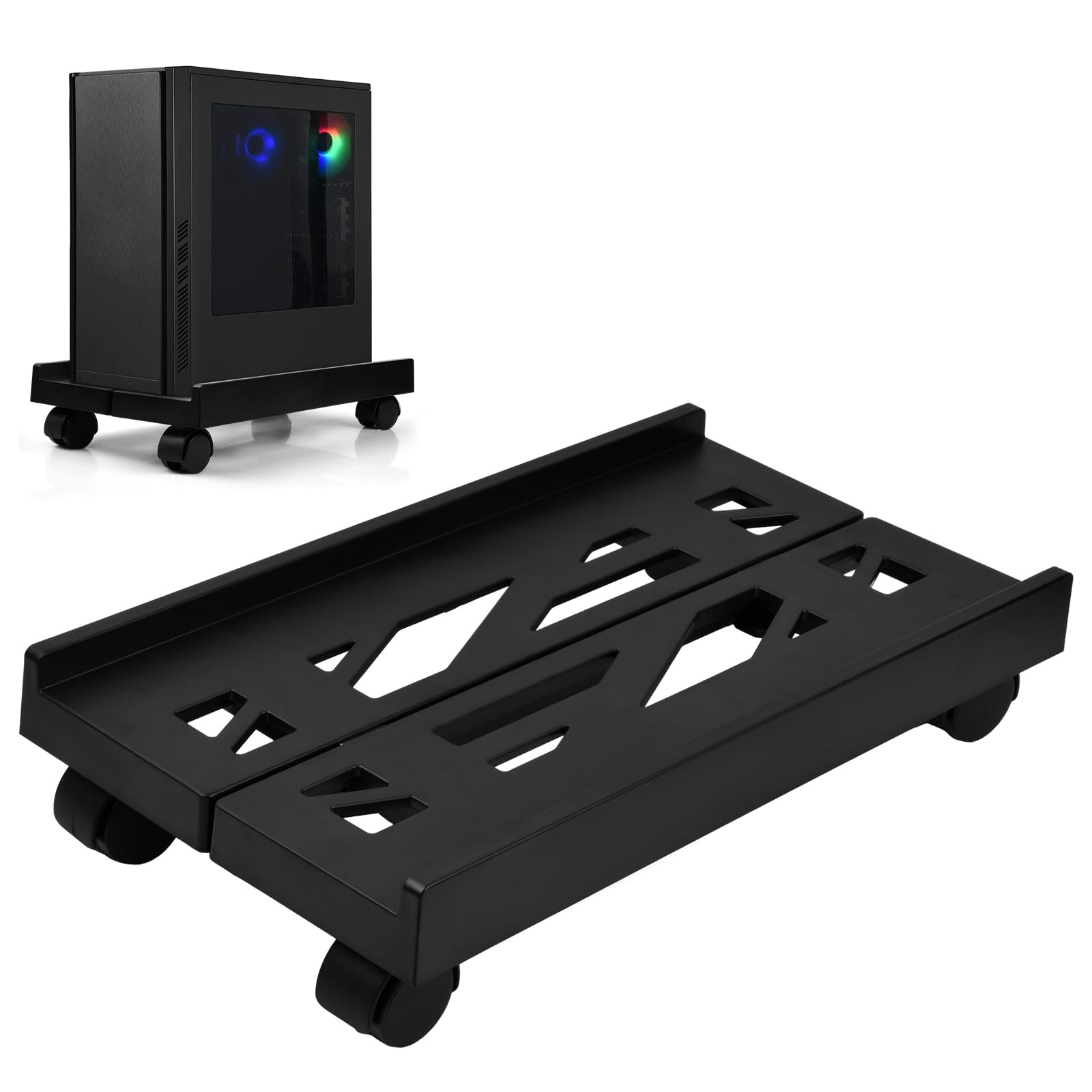 Adjustable CPU Holder Cart with Lockable Wheels - Portable PC Case Stand & Computer Tower Support for Office, Gaming, and Home Use - Black