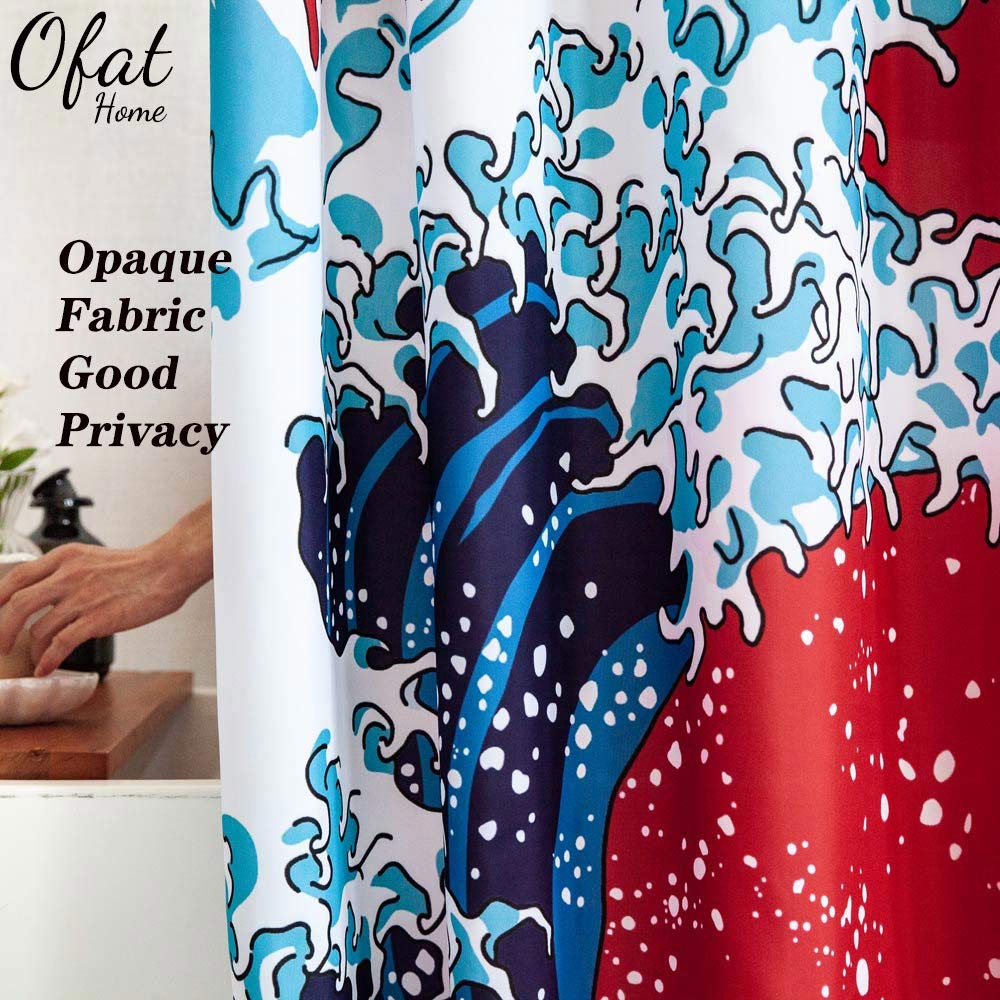 Ofat Home Japanese Monster & The Great Wave Off Kanagawa Shower Curtain Set with Hooks - Hokusai Art Bathroom Decor - No Liner Needed - Waterproof 72x72 Inch (Red/Blue) - Perfect for Bathroom, Dorm, Apartment & Beach House Decor