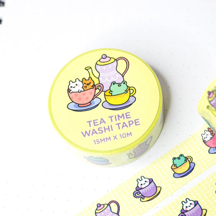 Bunny and Froggy Tea Time Washi Tape - Cute Animal Decorative Paper Tape for Scrapbooking, Journaling, DIY Crafts & Gift Wrapping