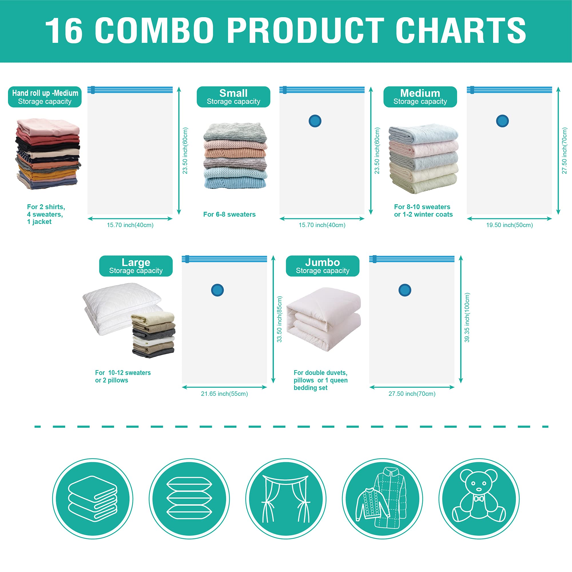 16 Pack Vacuum Storage Bags - Space Saver Compression Bags (2 Jumbo/2 Large/3 Medium/3 Small/6 Roll) for Clothes, Comforters & Blankets | Includes Hand Pump | Perfect for Seasonal Storage, Travel & Home Organization