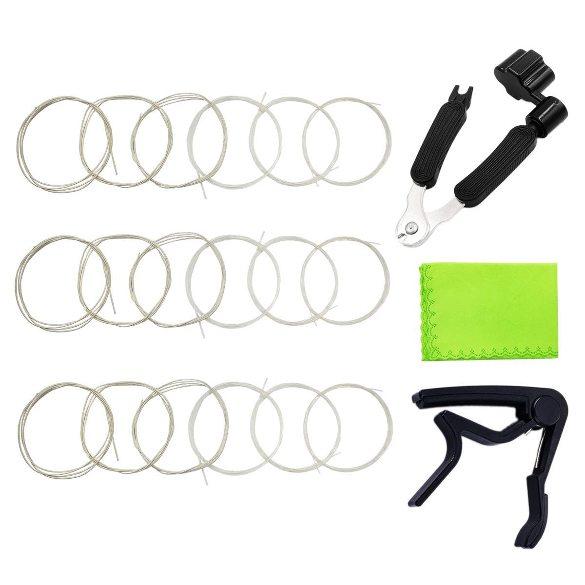 Classical Guitar Strings - 3 Full Sets of Clear Nylon Strings with Guitar Capo, 3-in-1 Restringing Tool & Cleaning Cloth - Perfect for Guitar Maintenance, Replacement & Musical Gift Giving