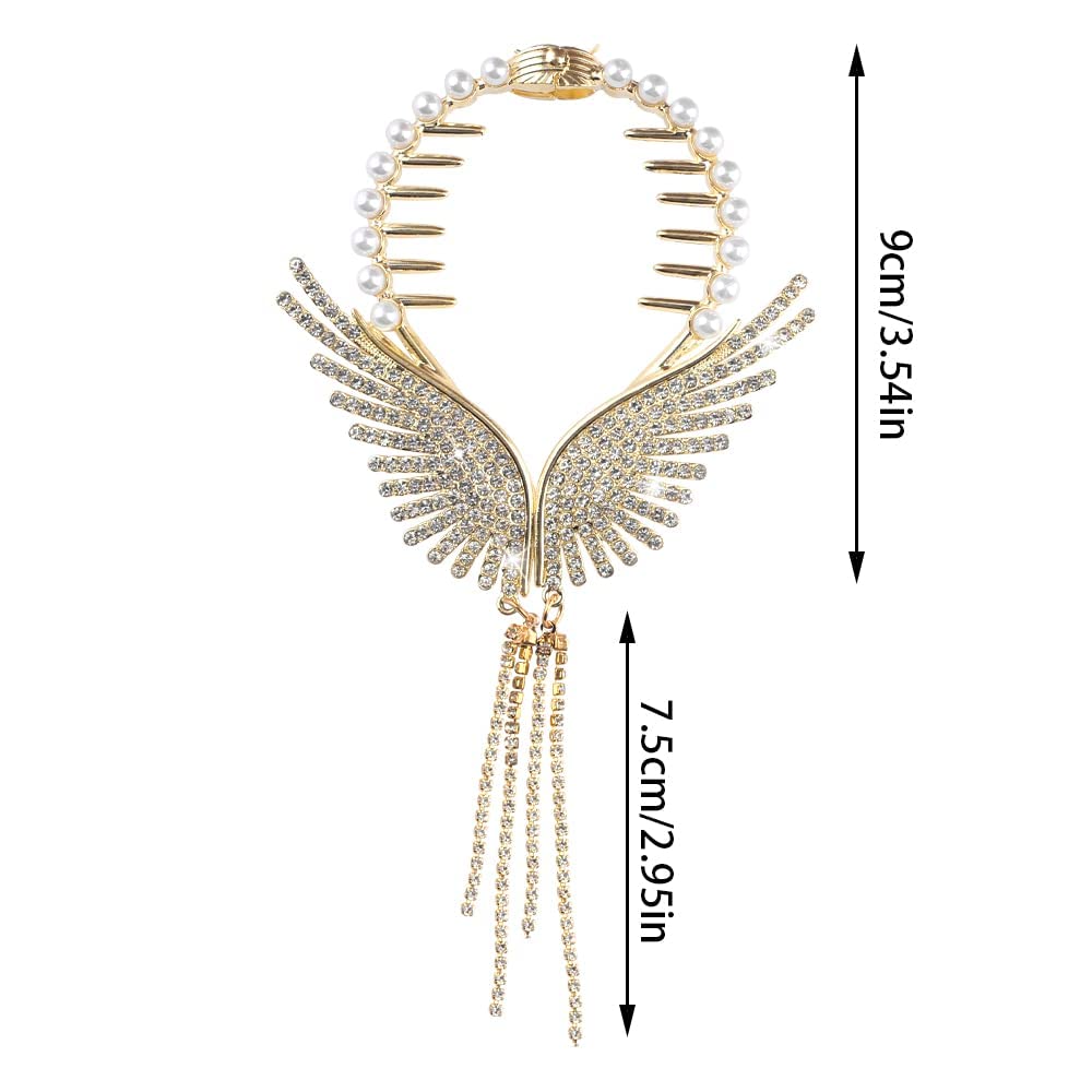 Sparkling EPARTY Angel Wings Rhinestone Hair Clips - Gold Tassel Claw Clips with Pearls for Women & Girls | Elegant Hair Barrettes for High Ponytails, Coiled Hairstyles & Party Accessories | Perfect for Weddings, Prom & Special Occasions
