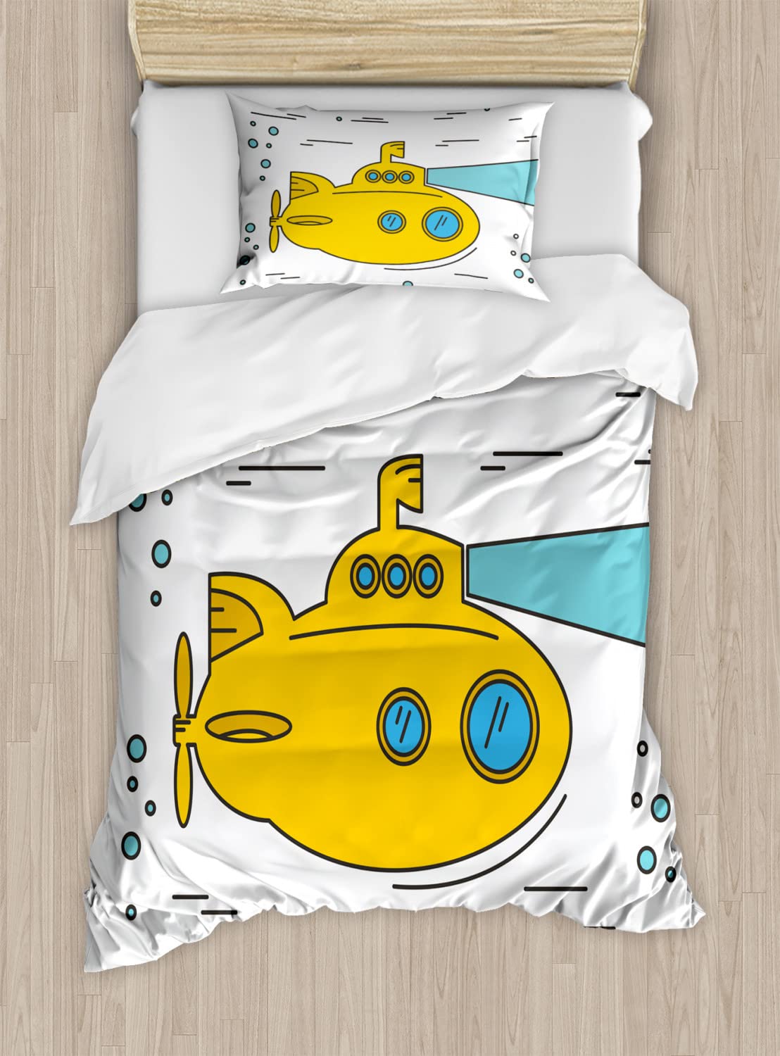 Ambesonne Yellow Submarine Duvet Cover Set - Nautical Ocean Adventure Underwater Theme with Bubbles & Porthole Cartoon Design | 2-Piece Twin Size Bedding Set Includes Duvet Covers & Pillowcases in White, Yellow, Blue | Perfect for Kids' Rooms, Beach Themed Decor & Submarine Lovers