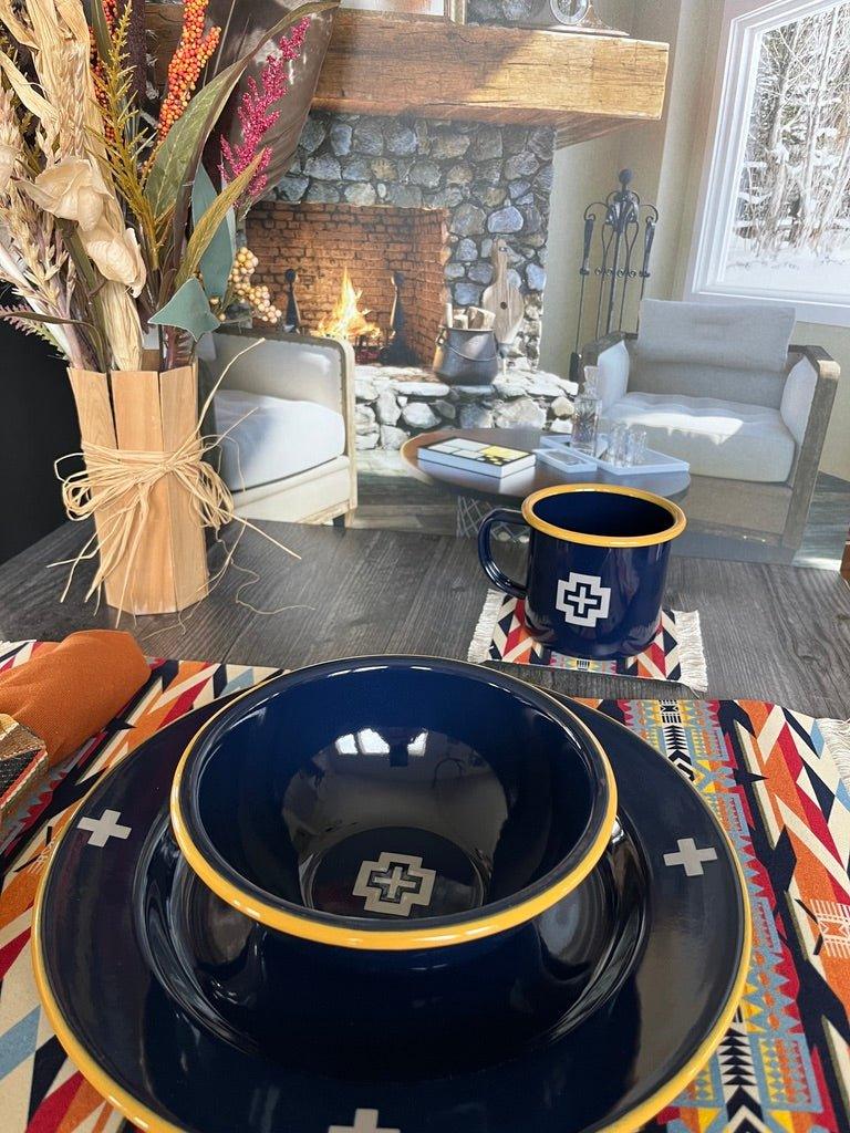 Navy Blue Cross Enamelware Dinner Plates - Vintage Style Enamel Dinnerware Set for Camping, Picnics & Outdoor Dining