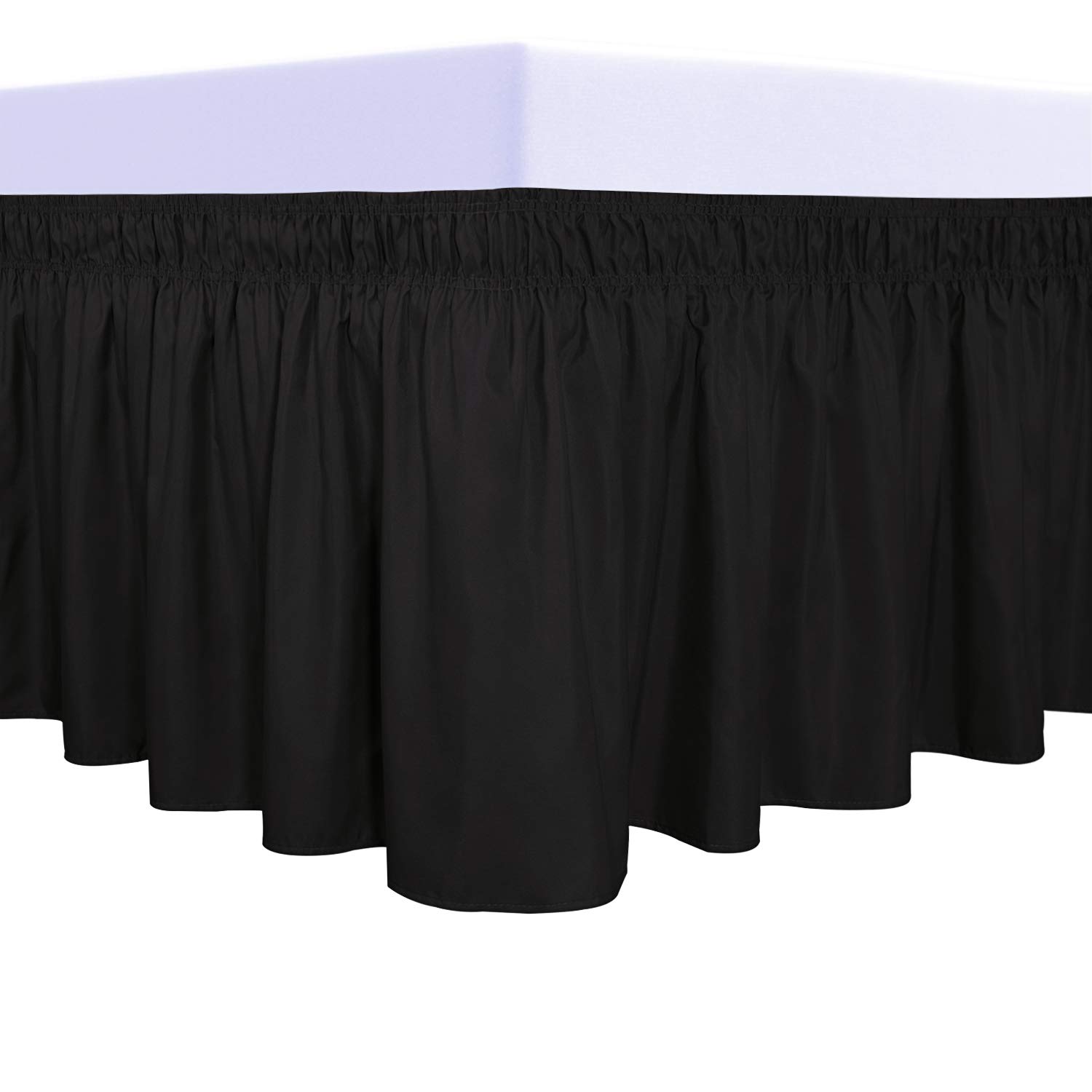PureFit Adjustable Elastic Wrap Around Ruffled Bed Skirt - 14 Inch Drop, Wrinkle-Free Dust Ruffle for Queen, King & California King Beds | Easy Installation Bed Frame Cover in Black | Perfect for Hotel, Guest Room & Master Bedroom Decor