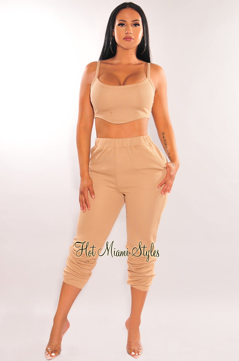 HMS Lounge: Women's Mocha Textured Tank Top & Joggers Pants 2-Piece Set - Soft Loungewear for Yoga, Running & Casual Outfits