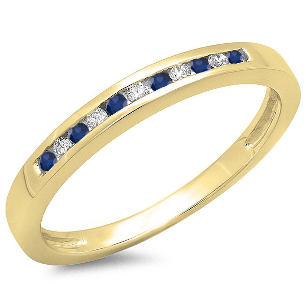 10K Solid Gold Round Blue Sapphire & White Diamond Women's Anniversary Wedding Band Stackable Ring - Elegant Jewelry Gift for Wife, Engagement, Valentine's Day & Special Occasions