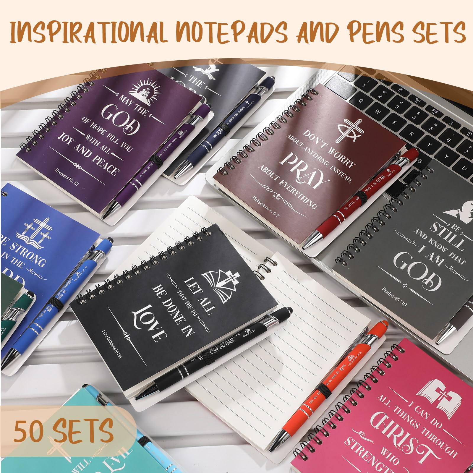 Gueevin Christian Notebook and Pen Set with Bible Verse Notepads - 100 Pack of Metal Pens with Black Ink, Inspirational Christian Quote Journals & Ballpoint Pens - Perfect Religious Christmas Gift for Women & Men - Ideal for Bible Study, Church Notes & Daily Devotionals