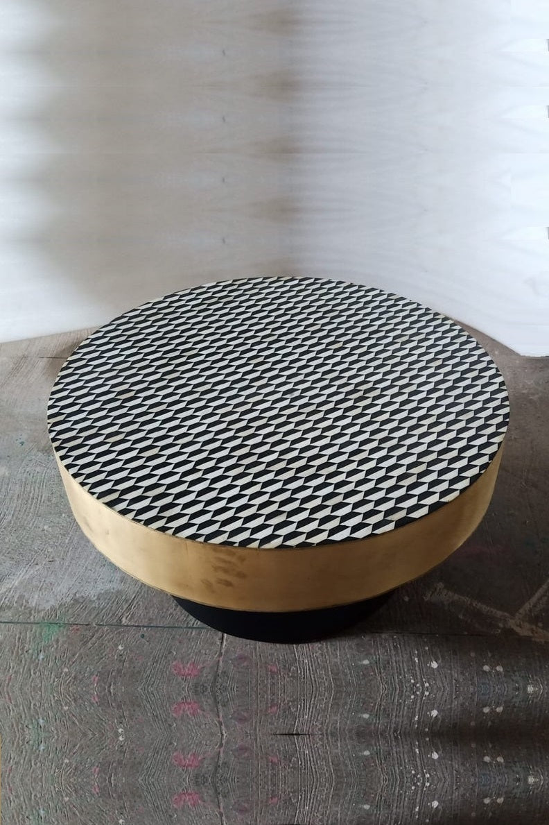 Handmade Bone Inlay Round Coffee Table - Checkerboard Design Center Table for Living Room | Boho Chic Home Decor | Perfect for Lounge, Salon & Office Spaces