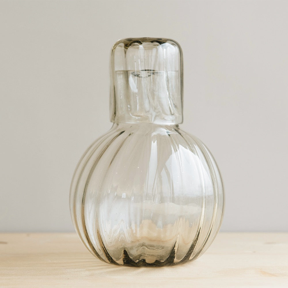Eco-Friendly Recycled Glass Fluted Carafe Set - 2-Piece Water Pitcher & Drinking Glasses for Home, Kitchen & Party Serving - Perfect for Iced Tea, Lemonade & Cocktails