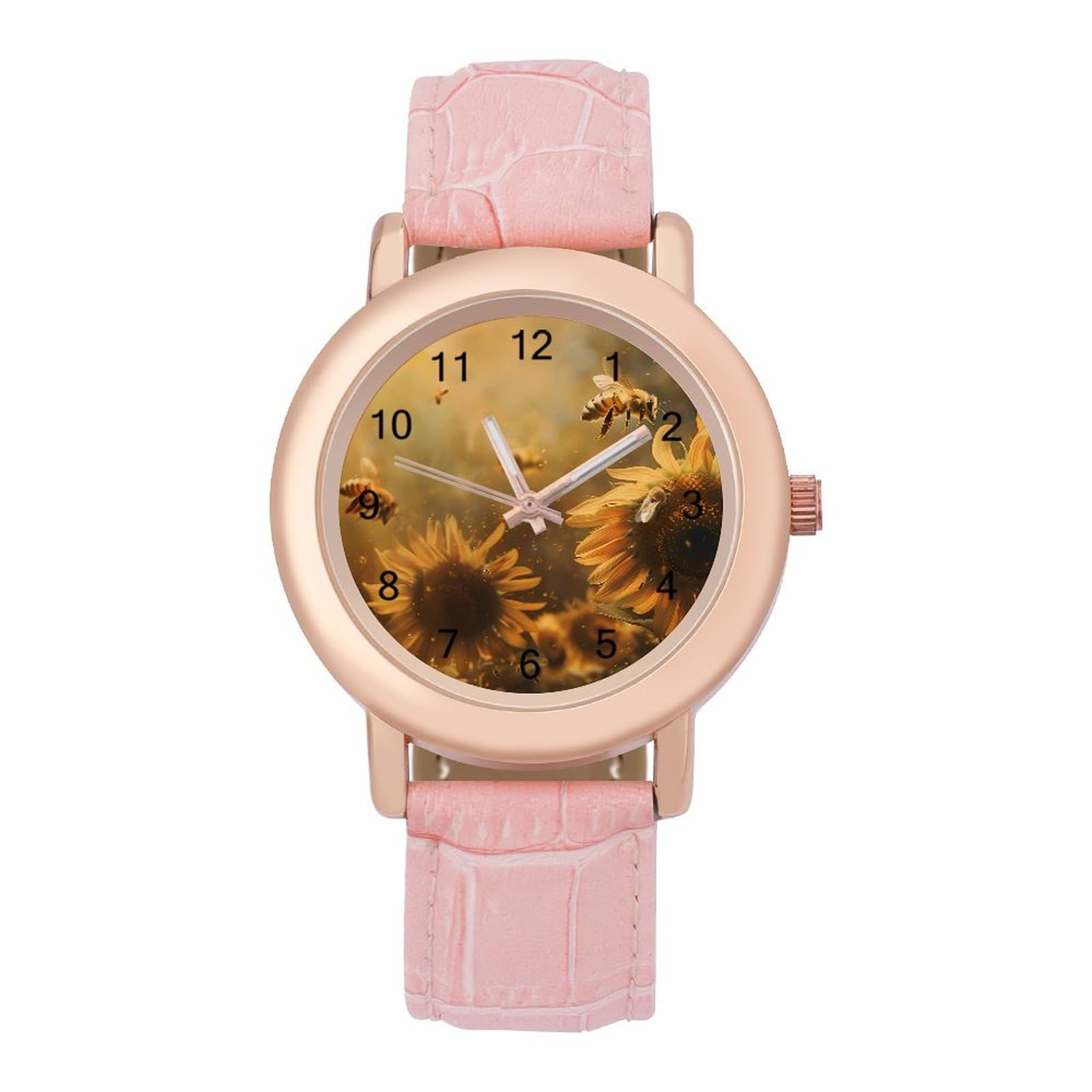 Elegant Honey Bees Flowers Women's Watch - Genuine Leather Strap Classic Quartz Wristwatch for Women - Perfect for Office, Travel & Everyday Wear