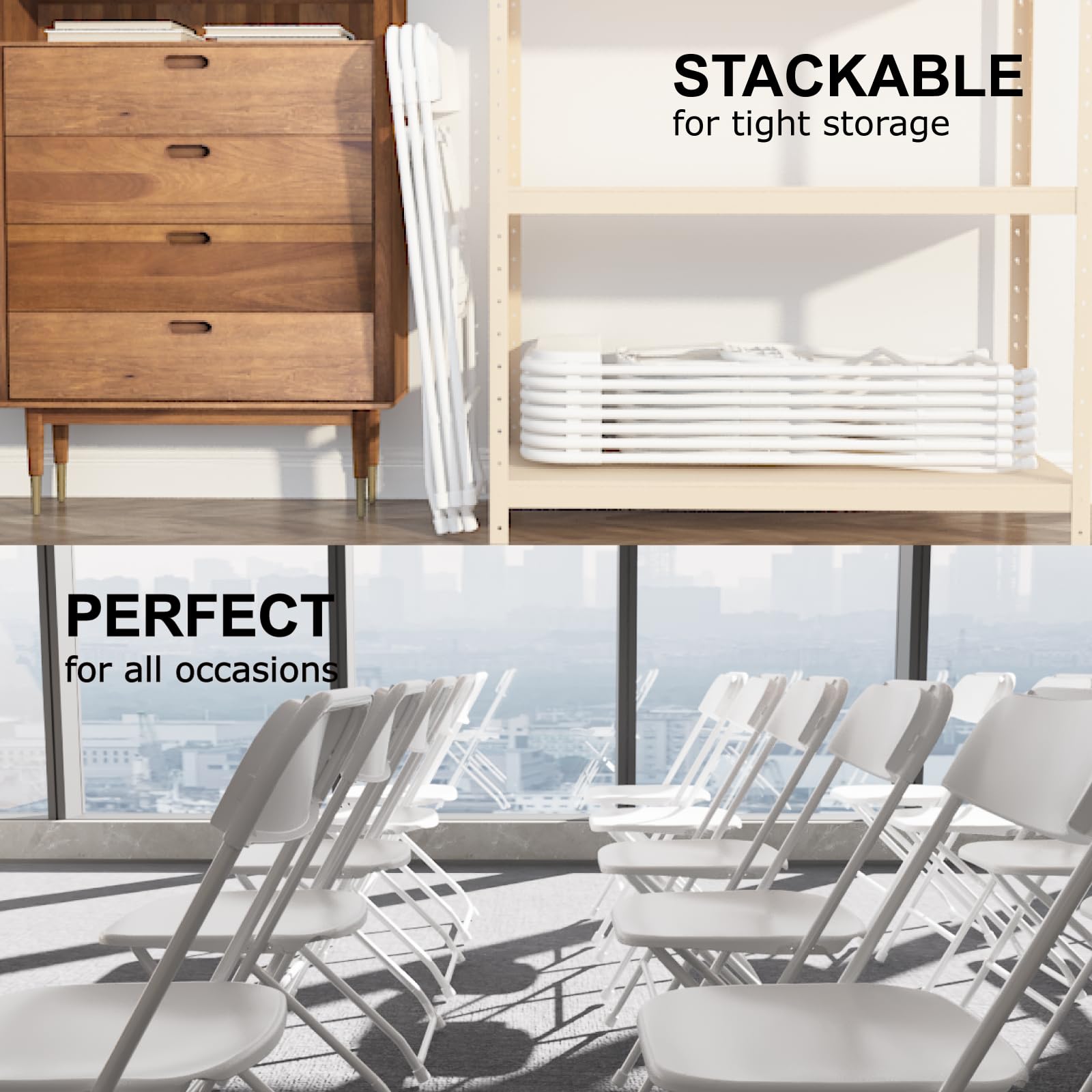 10 Pack White Folding Chairs - Heavy Duty 350lbs Capacity Stackable Plastic Chairs with Steel Frame | Portable Party, Wedding, Office & Outdoor Dining Chairs | Perfect for Events, Banquets, Patio and Commercial Use