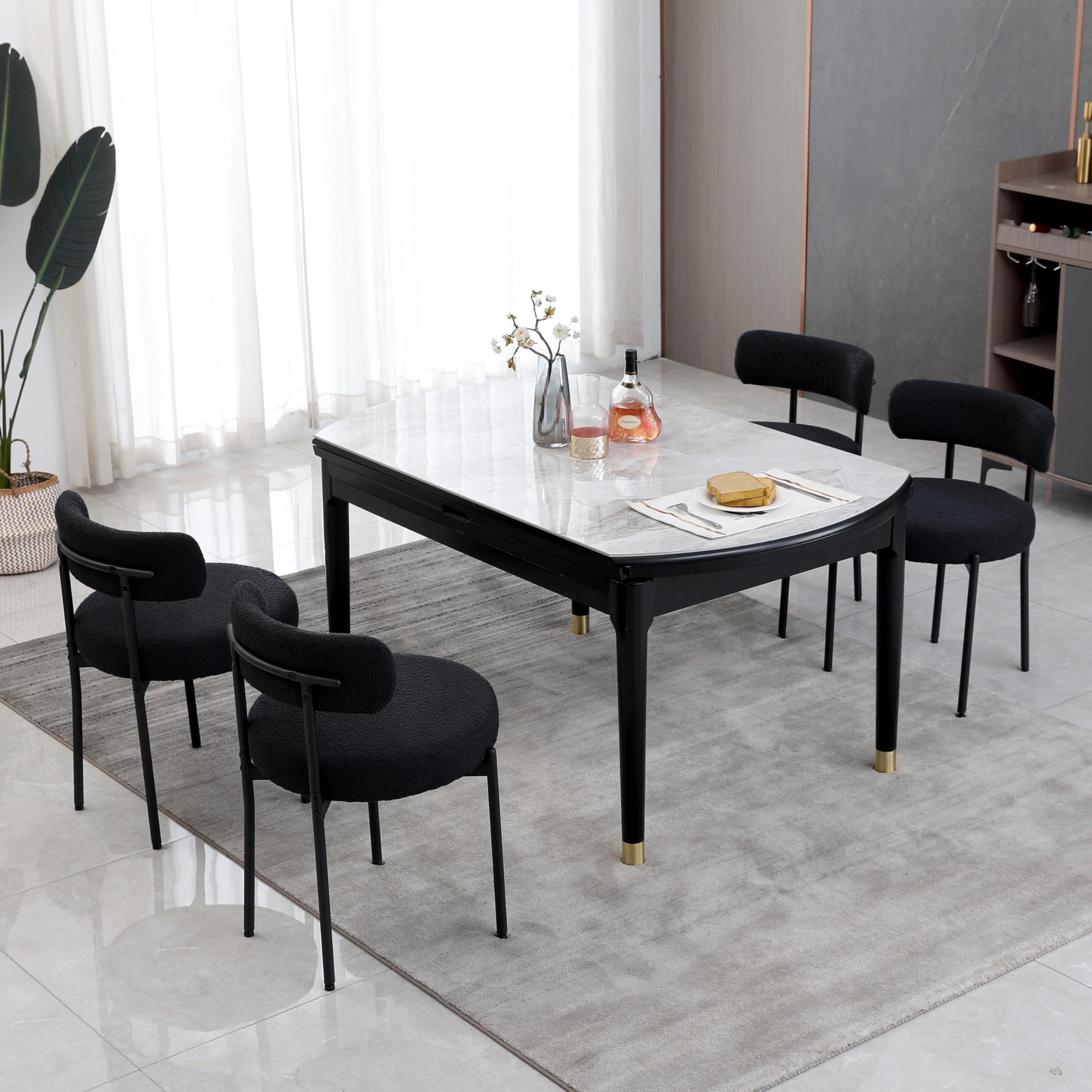 DYHOME Black Boucle Dining Chairs Set of 4 - Modern Upholstered Kitchen & Dining Room Chairs with Thick Cushions & Sturdy Metal Legs - Perfect for Kitchen, Living Room, Breakfast Nook & Small Space Dining
