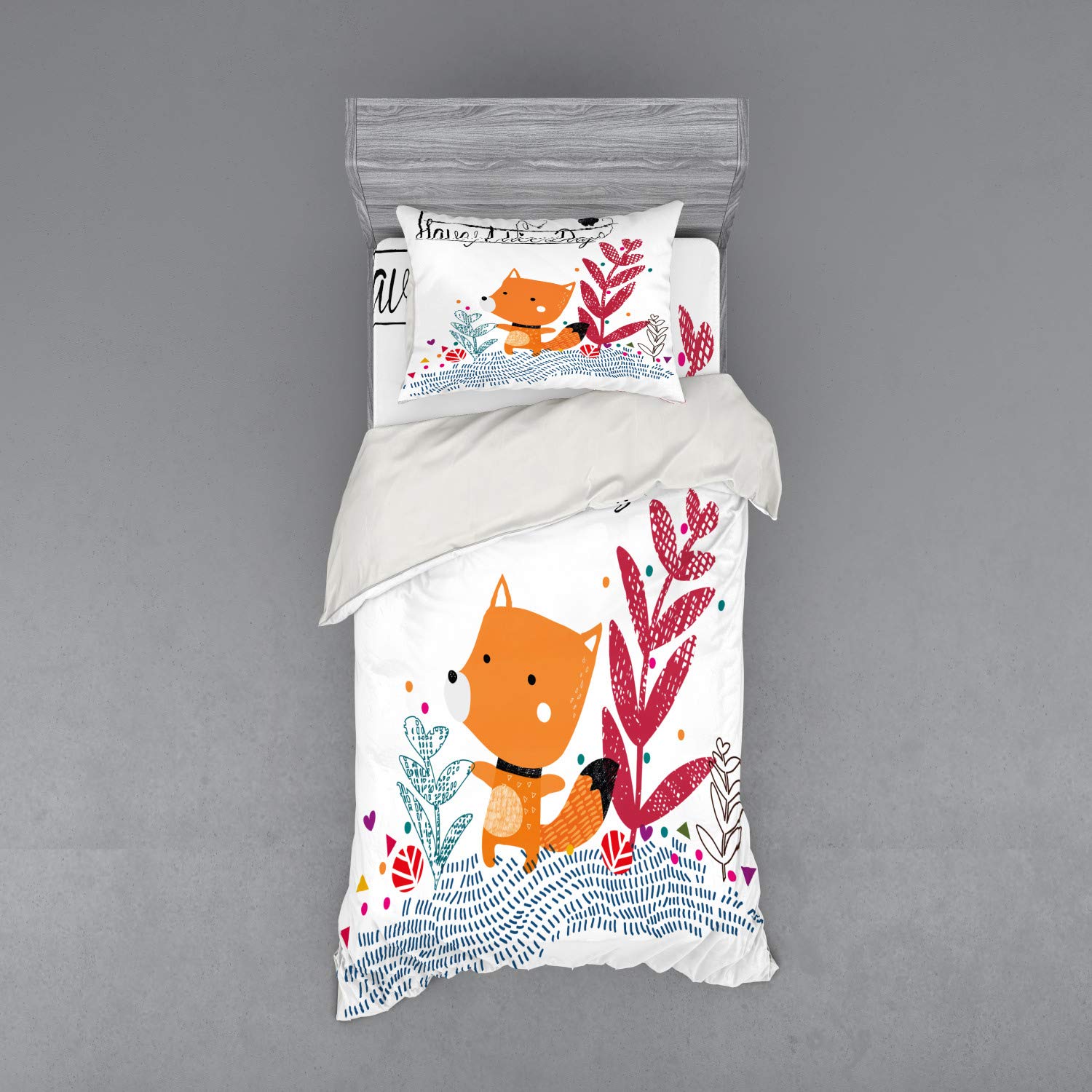 Ambesonne Fox Bedding Set 3-Piece - Colorful Geometric Fox Print Duvet Cover with Sham & Fitted Sheet, Twin Size Multicolor - Cozy Kids Room Decor for Spring & Summer - Perfect for Children's Bedroom, Dorm, or Guest Room