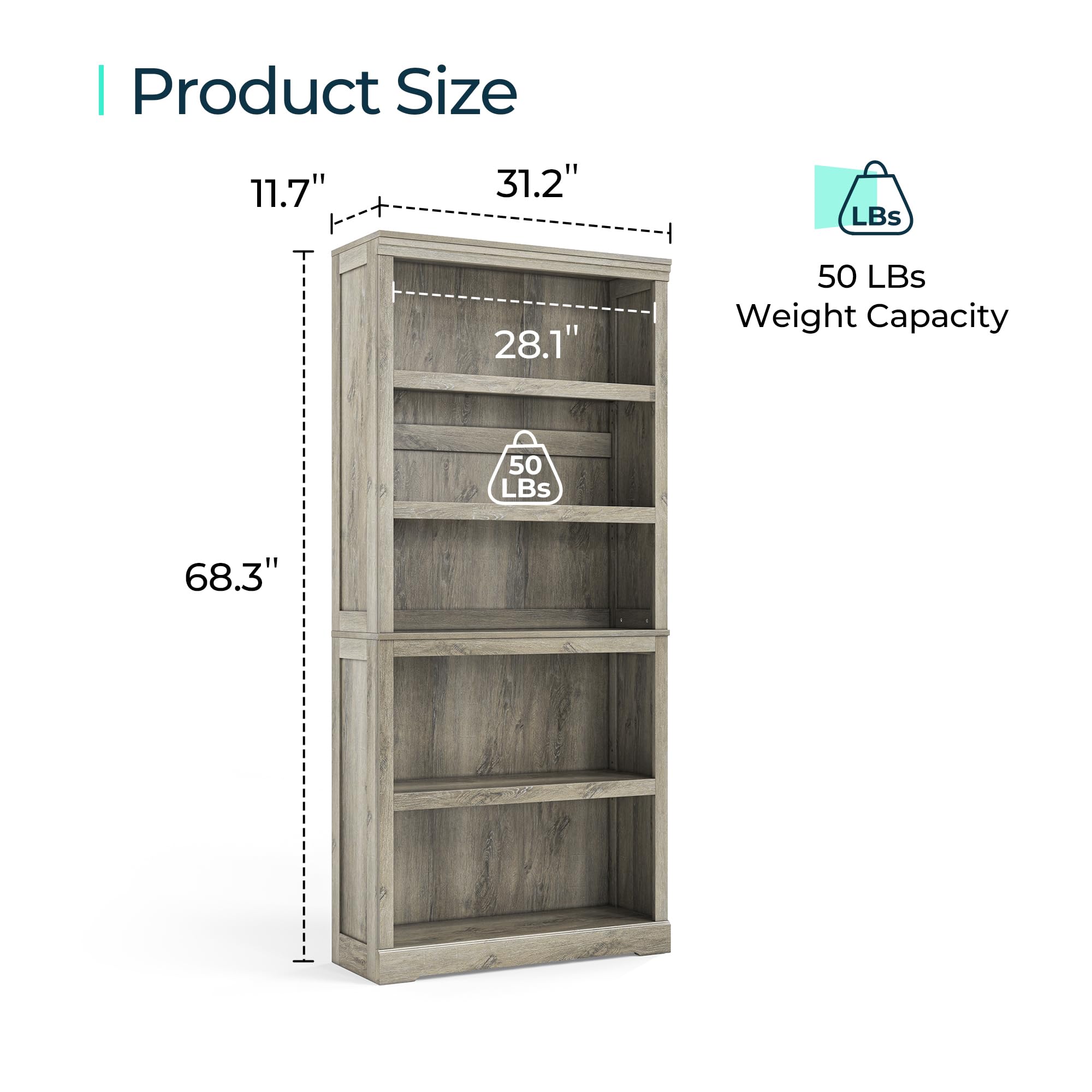LINSY HOME 5-Shelf Tall Bookcase - 68 Inch Floor Standing Bookshelf with Storage for Home Office, Living Room & Bedroom - Light Brown Wooden Display Shelf for Books, Decor & Organizing Spaces