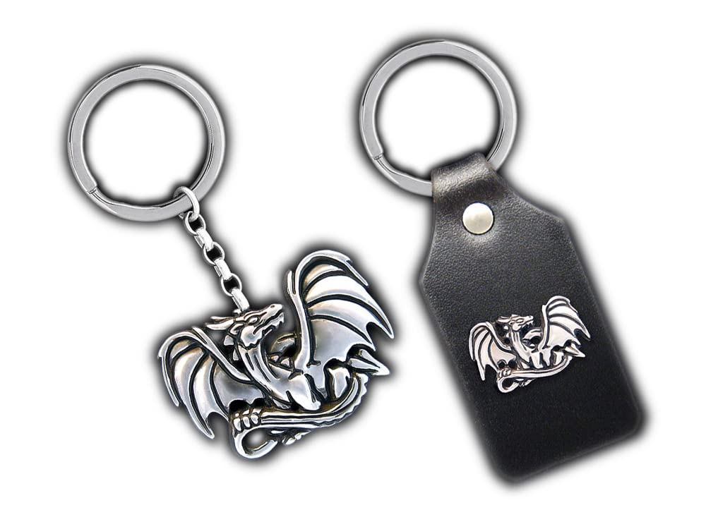 Handmade Sterling Silver Dragon Keychain - Large Carving or Small Leather Design | Unique Gift for Fantasy Lovers, Medieval Enthusiasts & Keychain Collectors | Perfect for Cosplay, Renaissance Fairs & Everyday Carry