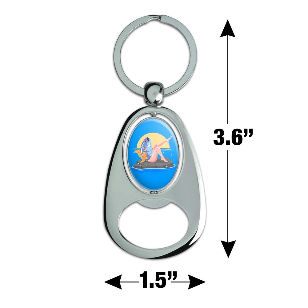 Reverse Mermaid with Tuna Head Keychain - Chrome Metal Spinning Oval Bottle Opener for Beer & Soda - Unique Funny Gifts for Mermaid Lovers, Beach Parties & Fantasy Collectors