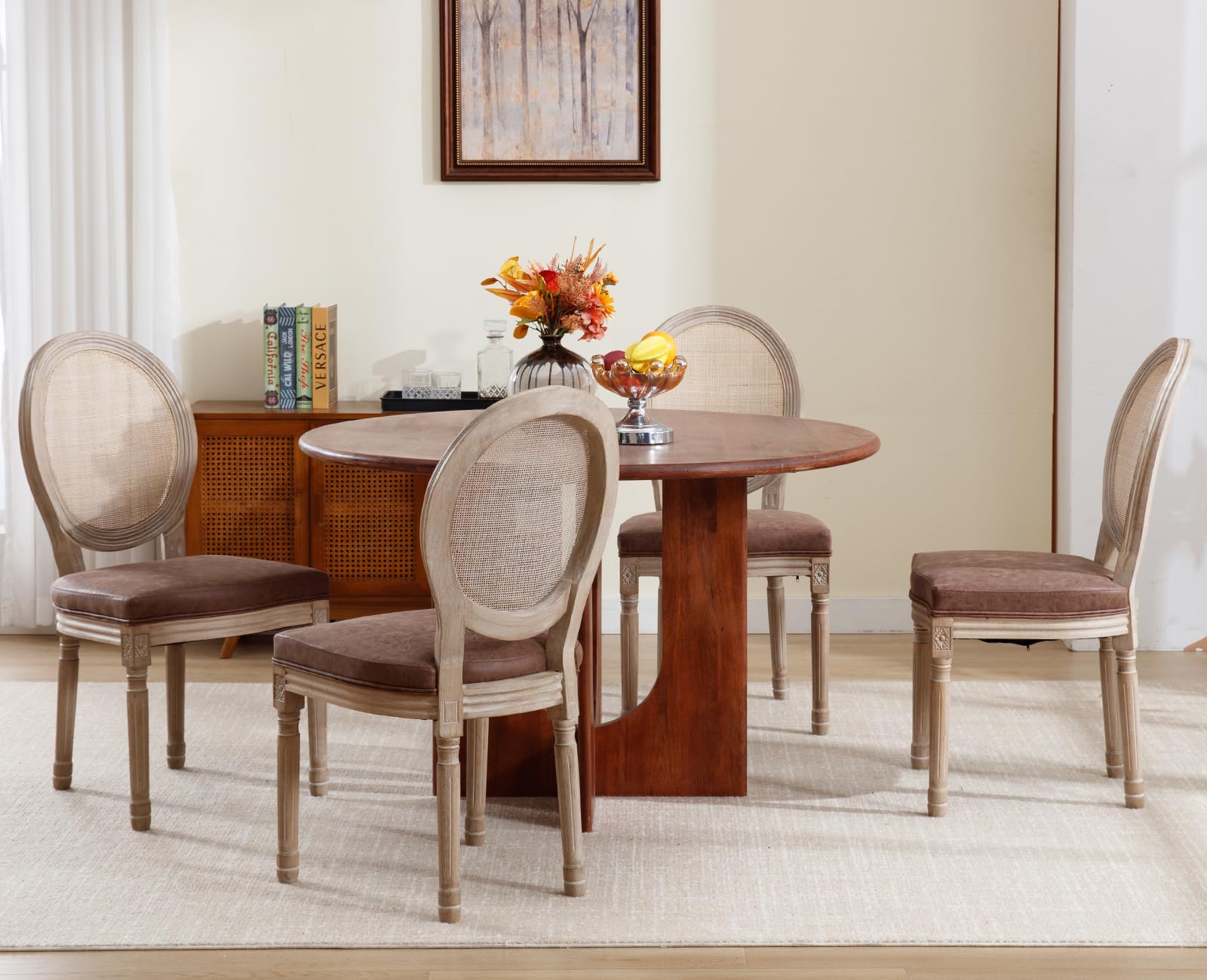 Farmhouse Rattan Dining Chairs Set of 2, Brown Leather French Country Style Round Back Side Chairs for Kitchen, Restaurant, Dining Room & Living Room - Perfect for Indoor Dining, Entertaining Guests & Home Decor