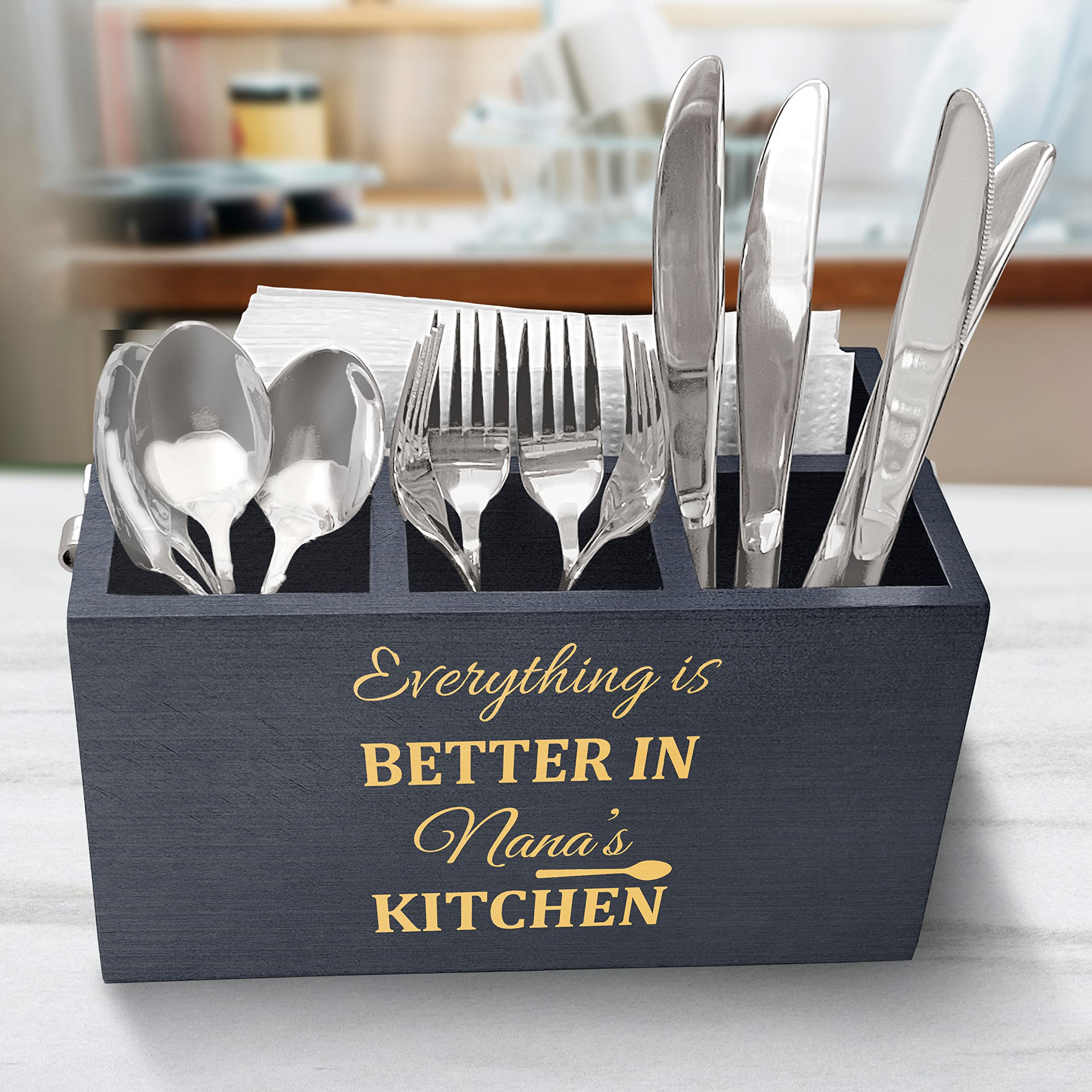 Elegant Wooden Kitchen Utensil Organizer with 3 Compartments - Engraved 'Nana's Kitchen' Quote - Countertop Caddy Box for Spoons, Forks & Cooking Tools - Perfect for Home Kitchen Organization & Gift Idea
