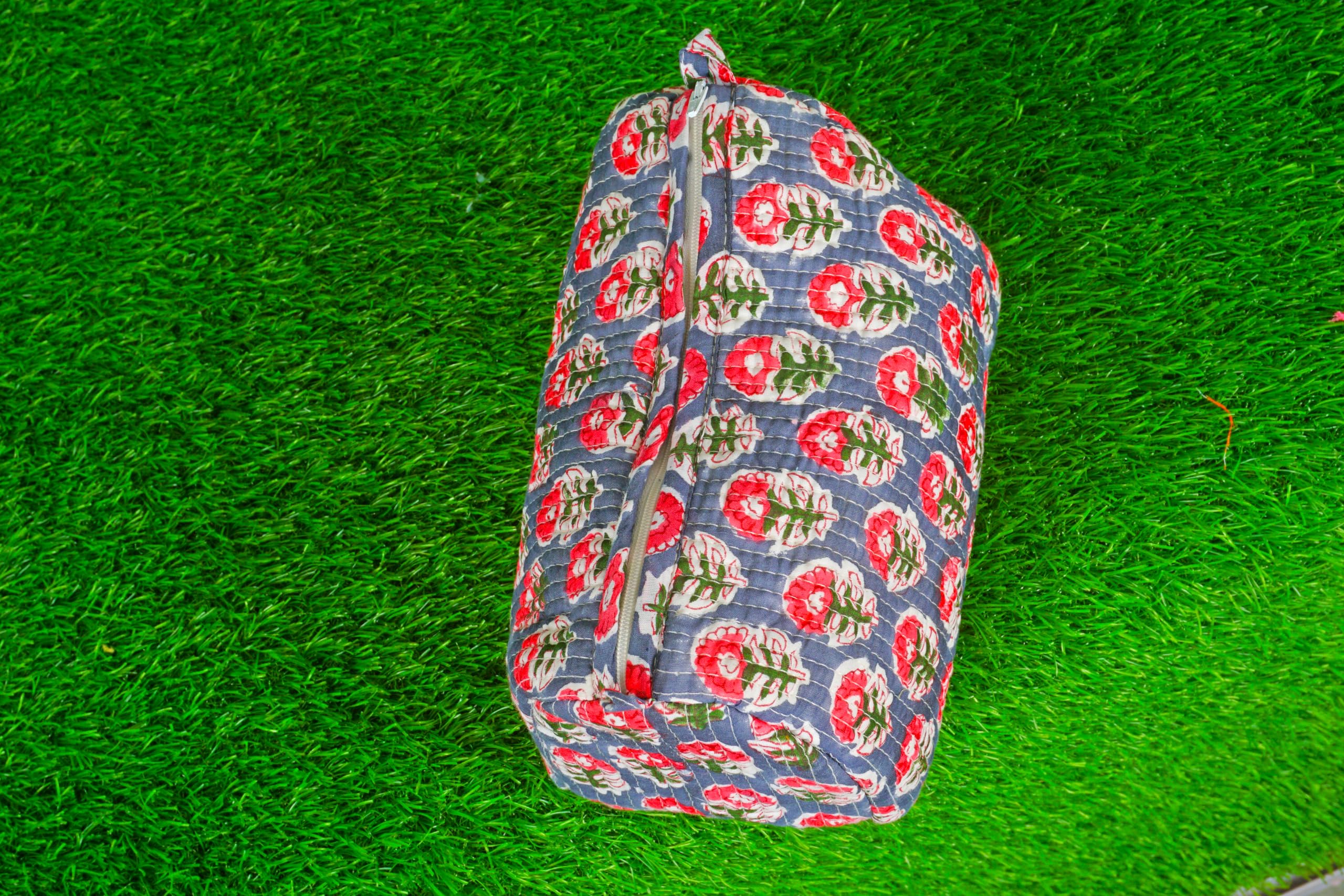 Handmade Indian Cotton Quilted Floral Block Print Toiletry Bag - Blue Cosmetic Pouch & Makeup Bag for Women | Travel Organizer, Gift Idea (1, Blue A)
