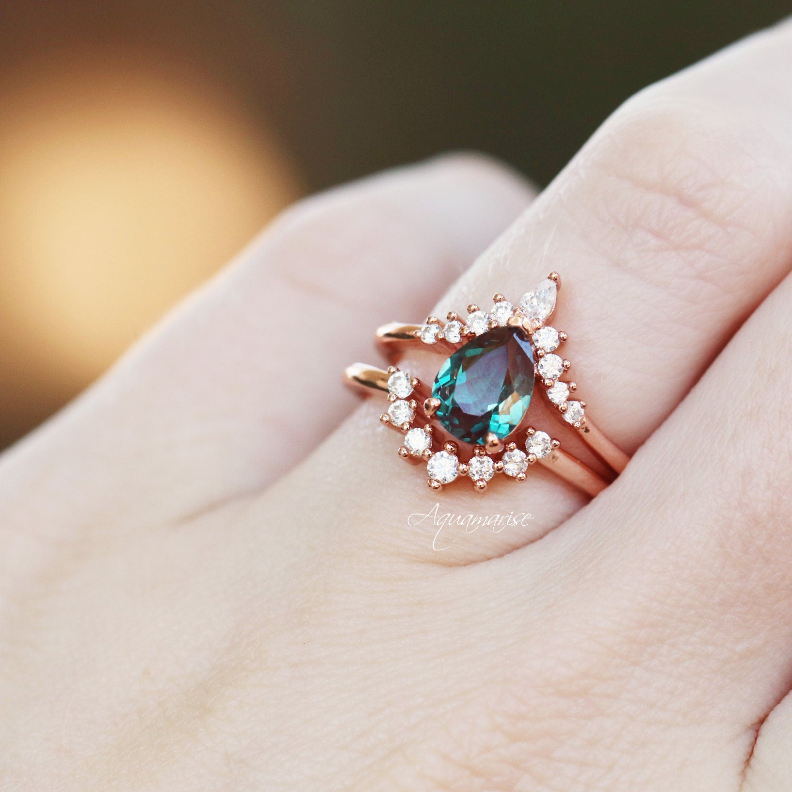 Lunette Teal & Purple Alexandrite Ring Set - 14K Rose Gold Vermeil Stackable Rings for Women, Perfect for Weddings, Anniversaries & Special Occasions